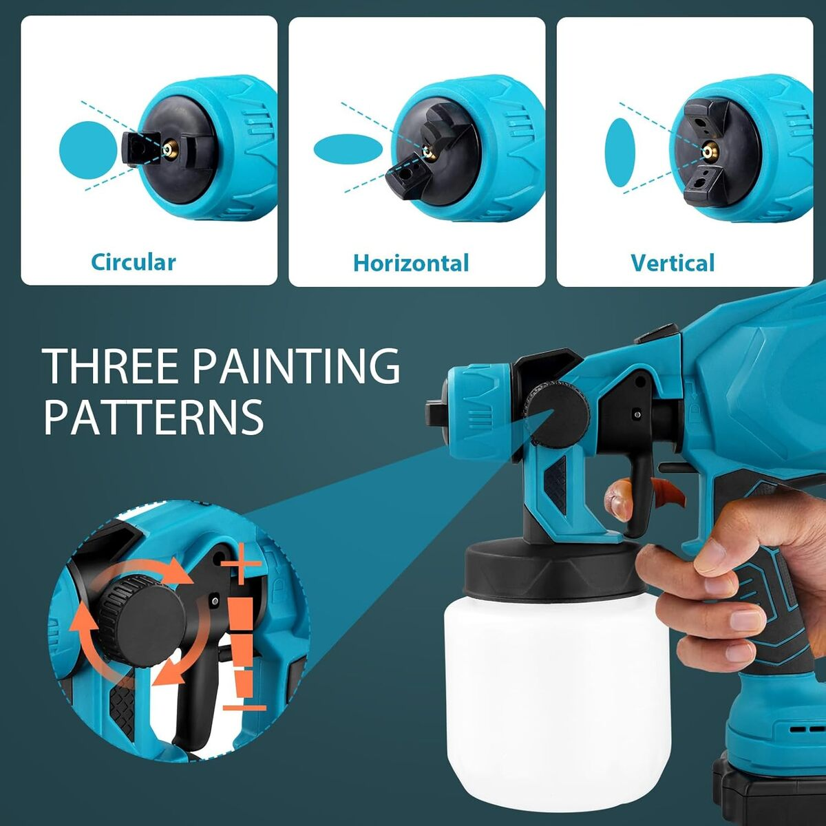 Pistola pulverizadora de pintura con patrones circular, horizontal y vertical. Muestra detalles.