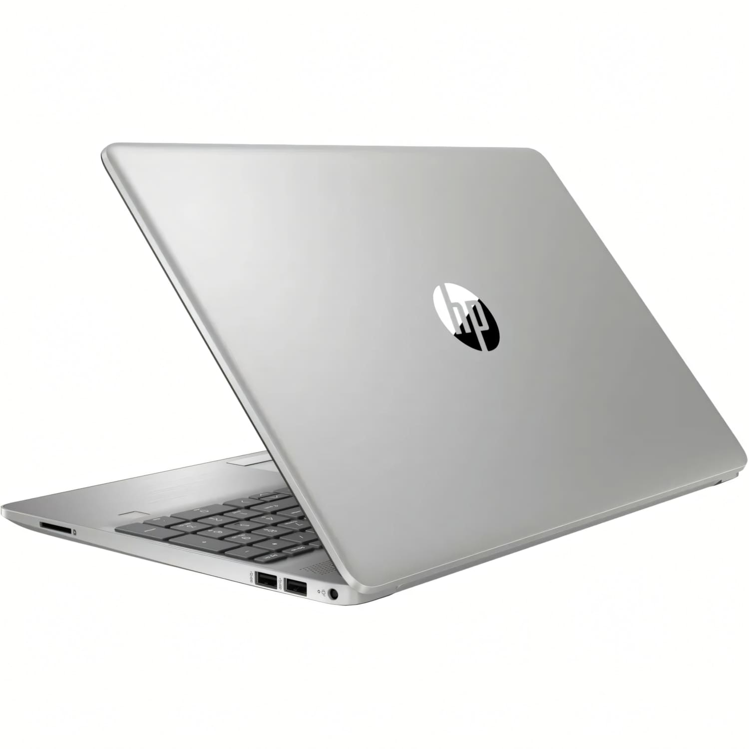 Un portátil plateado de HP está abierto, mostrando el teclado y los puertos.