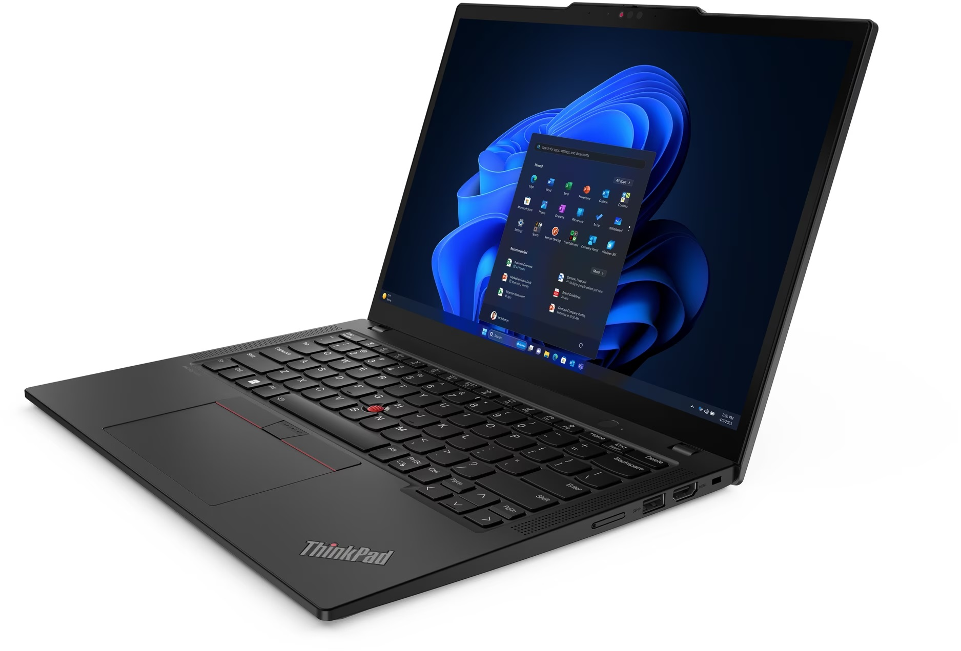 Un portátil Lenovo ThinkPad negro con la pantalla abierta, mostrando Windows 11.
