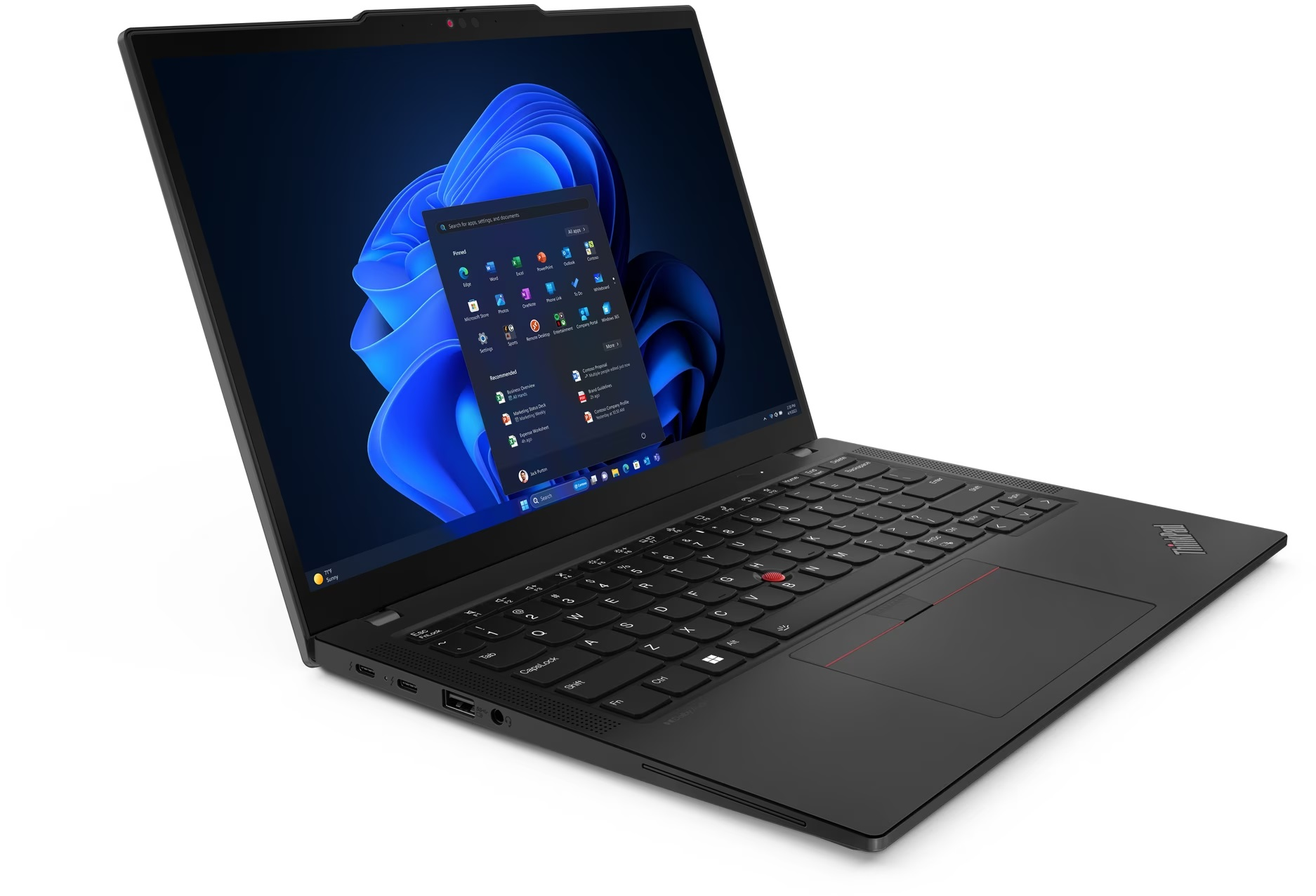 Portátil negro mostrando menú inicio Windows 11 con fondo azul.