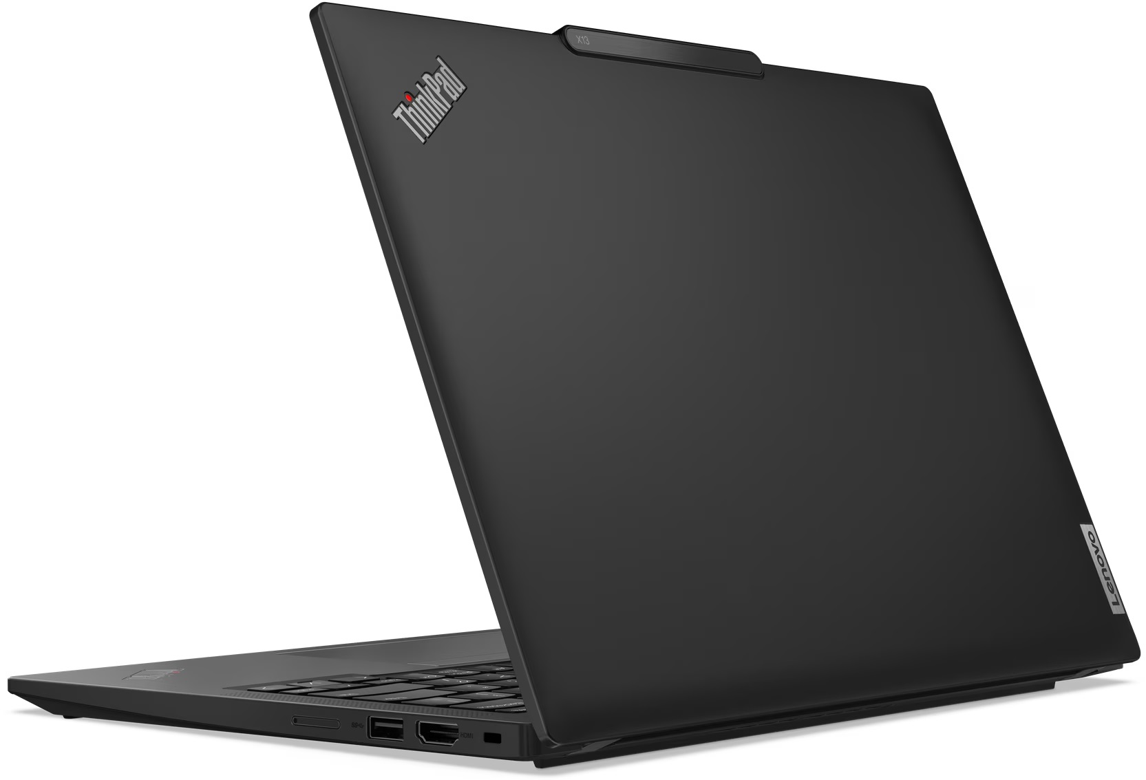Portátil Lenovo ThinkPad negro con tapa abierta, puertos laterales y teclado visibles.