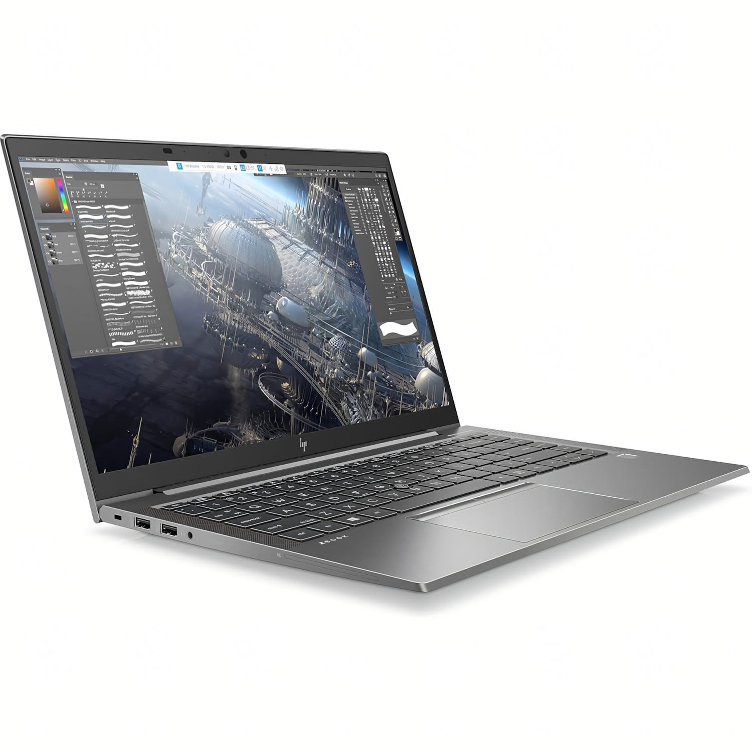 Ein offenes silbernes HP-Laptop zeigt eine komplexe digitale Kunstszene auf dem Bildschirm.