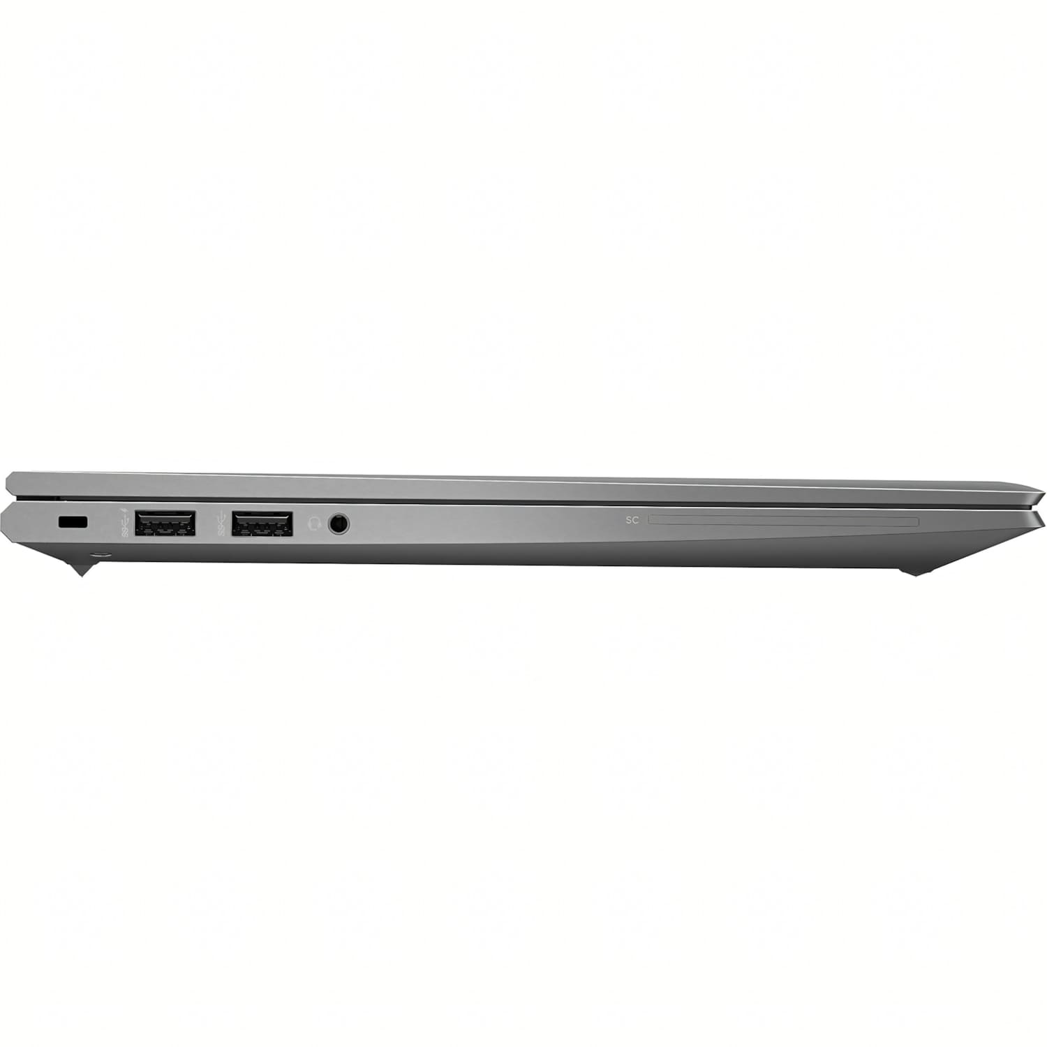 Silberner Laptop-Seite mit Anschlüssen: 2x USB-A, 1x Kopfhöreranschluss, SD-Kartenleser.