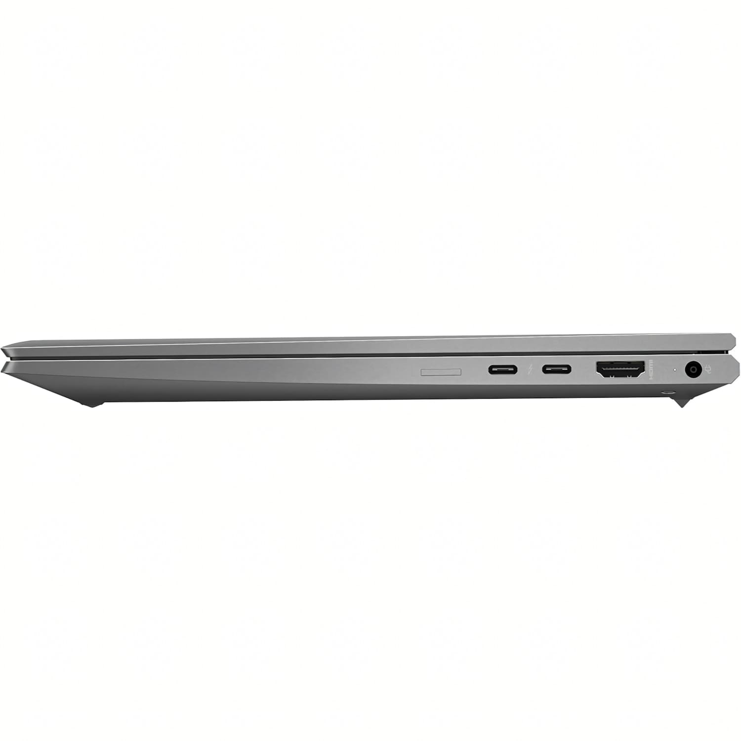 Grauer Laptop-Anschlussbereich mit USB-C, HDMI und Netzanschluss.