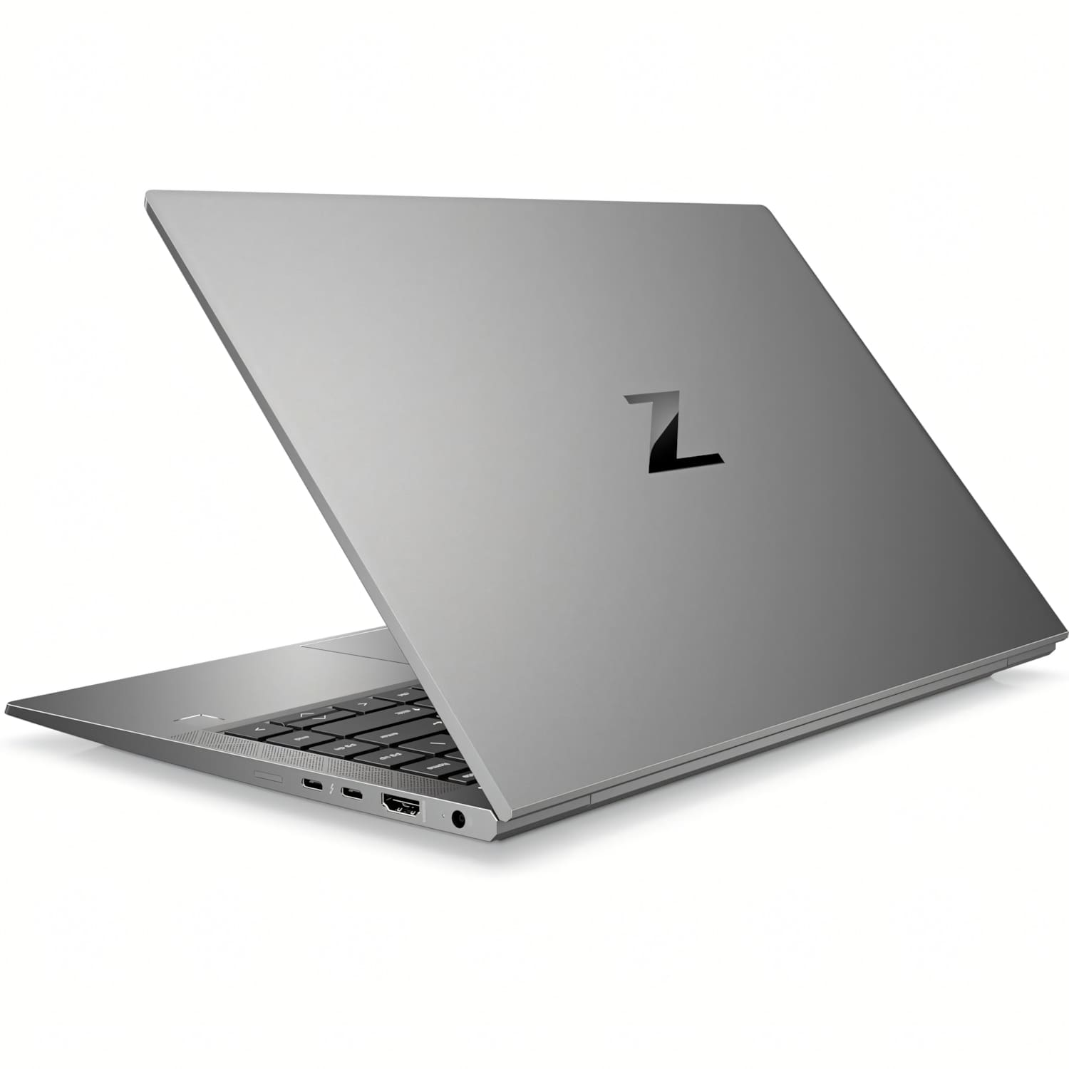 Grauer Laptop mit offenem Deckel, schwarzer Tastatur und Z-Logo auf dem Gehäuse.
