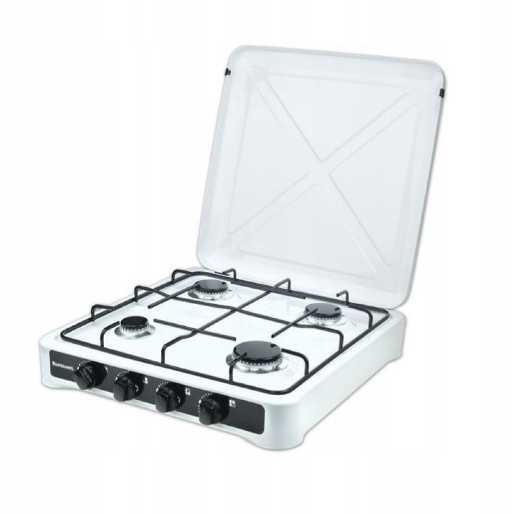 Biała kuchenka gazowa czteropalnikowa z otwartą pokrywą i czarnymi pokrętłami.