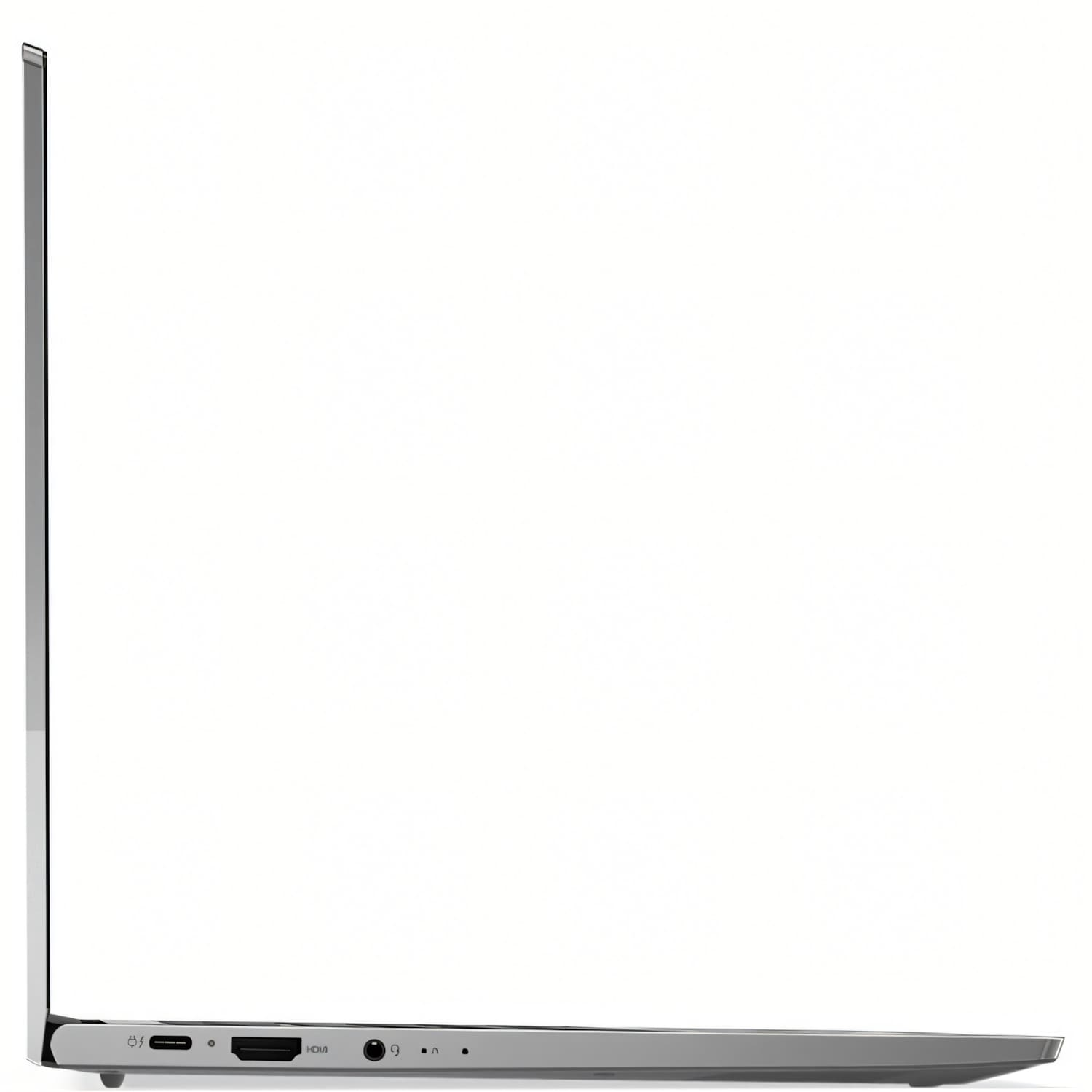 Vista lateral de un portátil delgado mostrando puertos: USB-C, HDMI, conector de auriculares.
