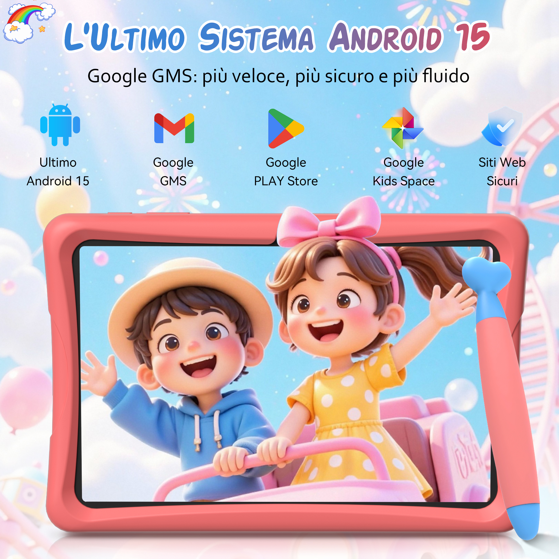 Tablet Android 15 con bambini, icone Google in alto.