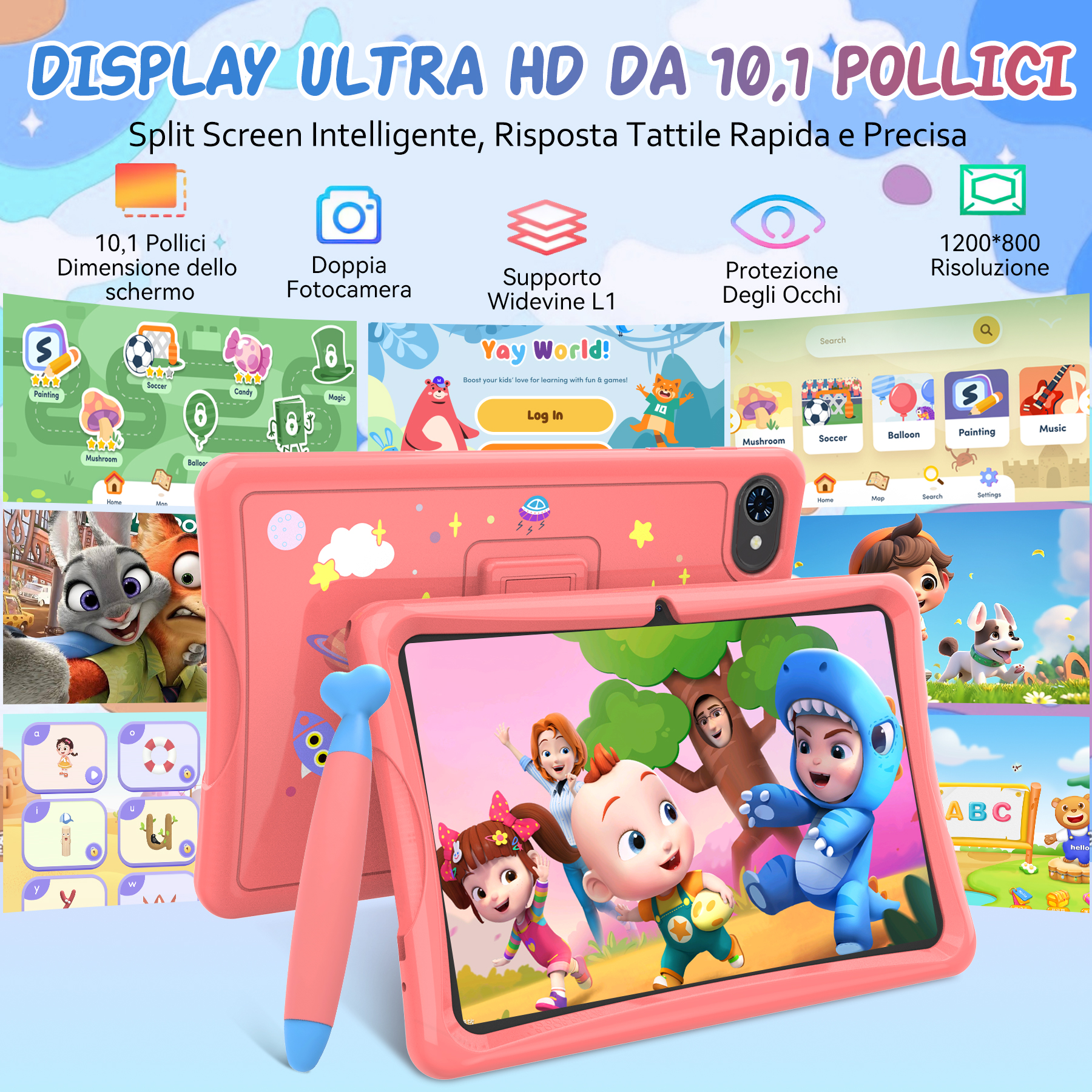 Un tablet rosa con bambini, animali e icone di app. Ha uno stilo.