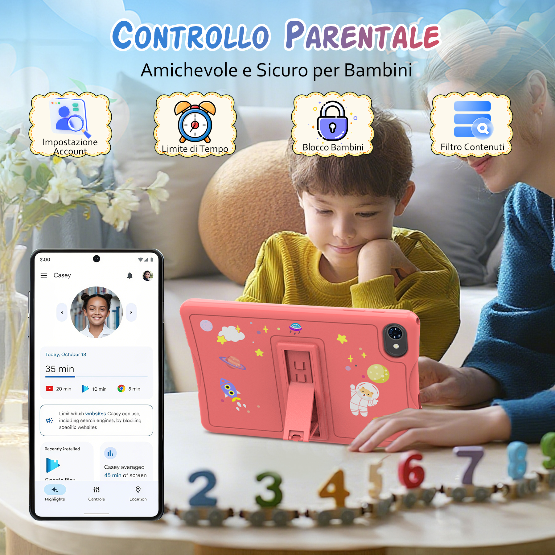 Madre e figlio usano un tablet con impostazioni di controllo parentale.