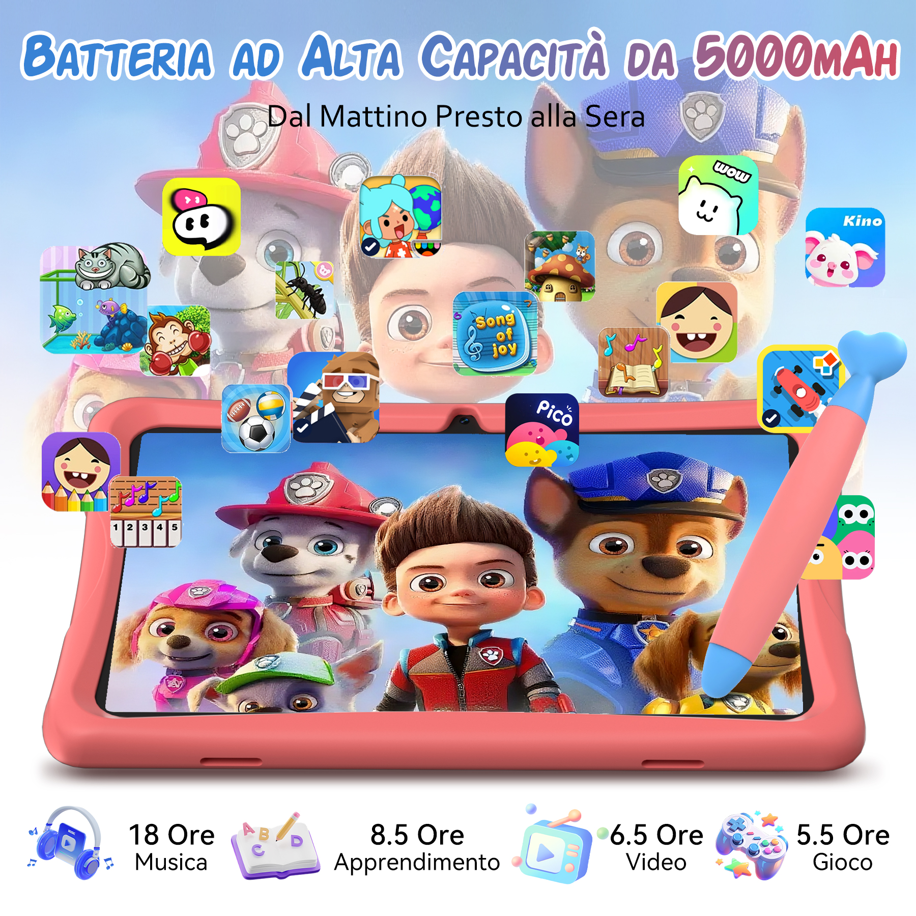 Un tablet con personaggi Paw Patrol e icone di app. La capacità della batteria è evidenziata.