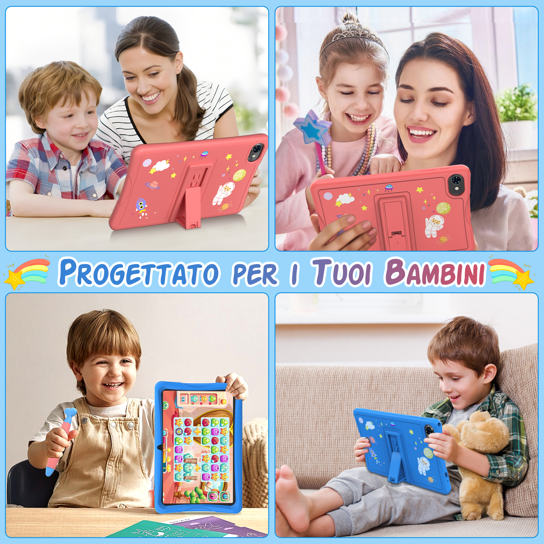 Quattro scene mostrano bambini e adulti che usano tablet con custodie colorate a tema spaziale.