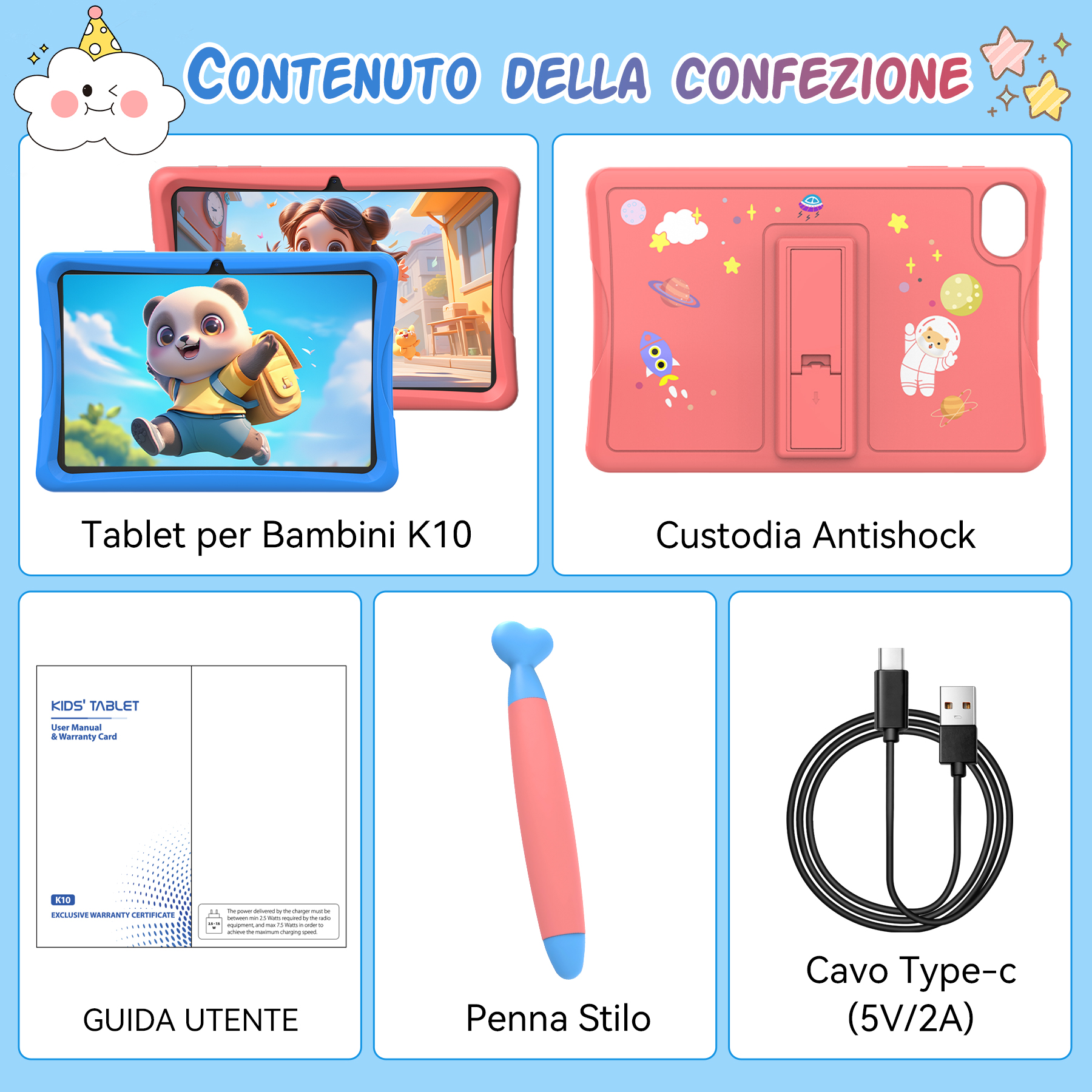 Contenuto della confezione: tablet, custodia, penna, cavo, manuale.