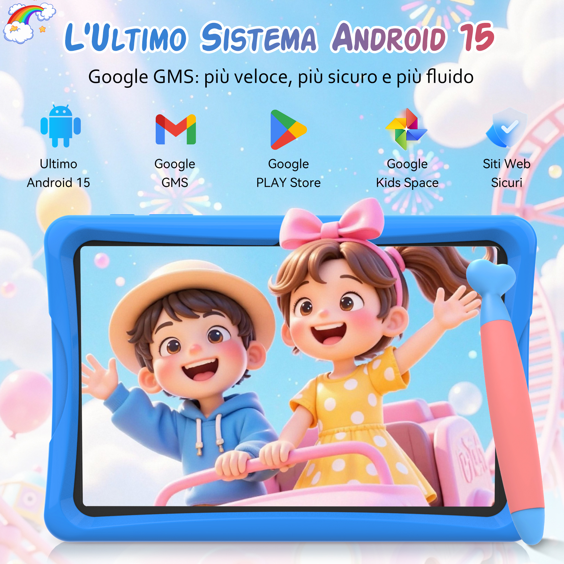 Tablet mostra funzionalità Android 15 e bambini felici. Icone Android, GMS, Play Store, Kids Space.