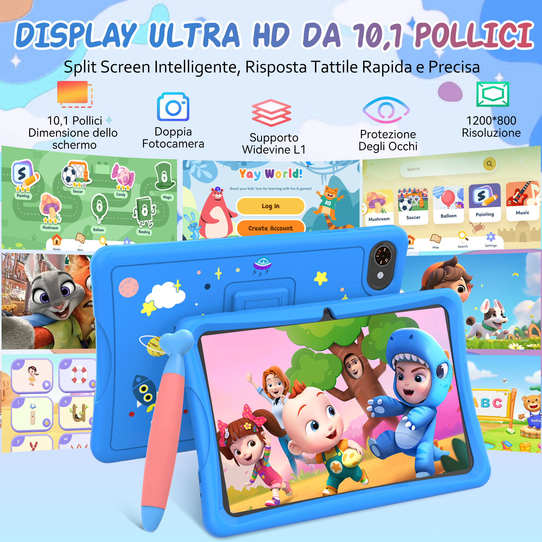 Tablet blu con icone di gioco, personaggi dei cartoni animati e testo.