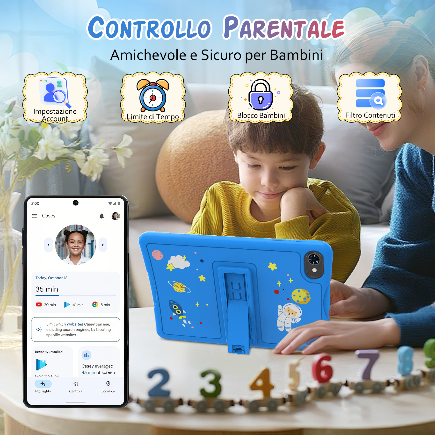 Madre e figlio condividono un tablet blu con adesivi a tema spaziale.
