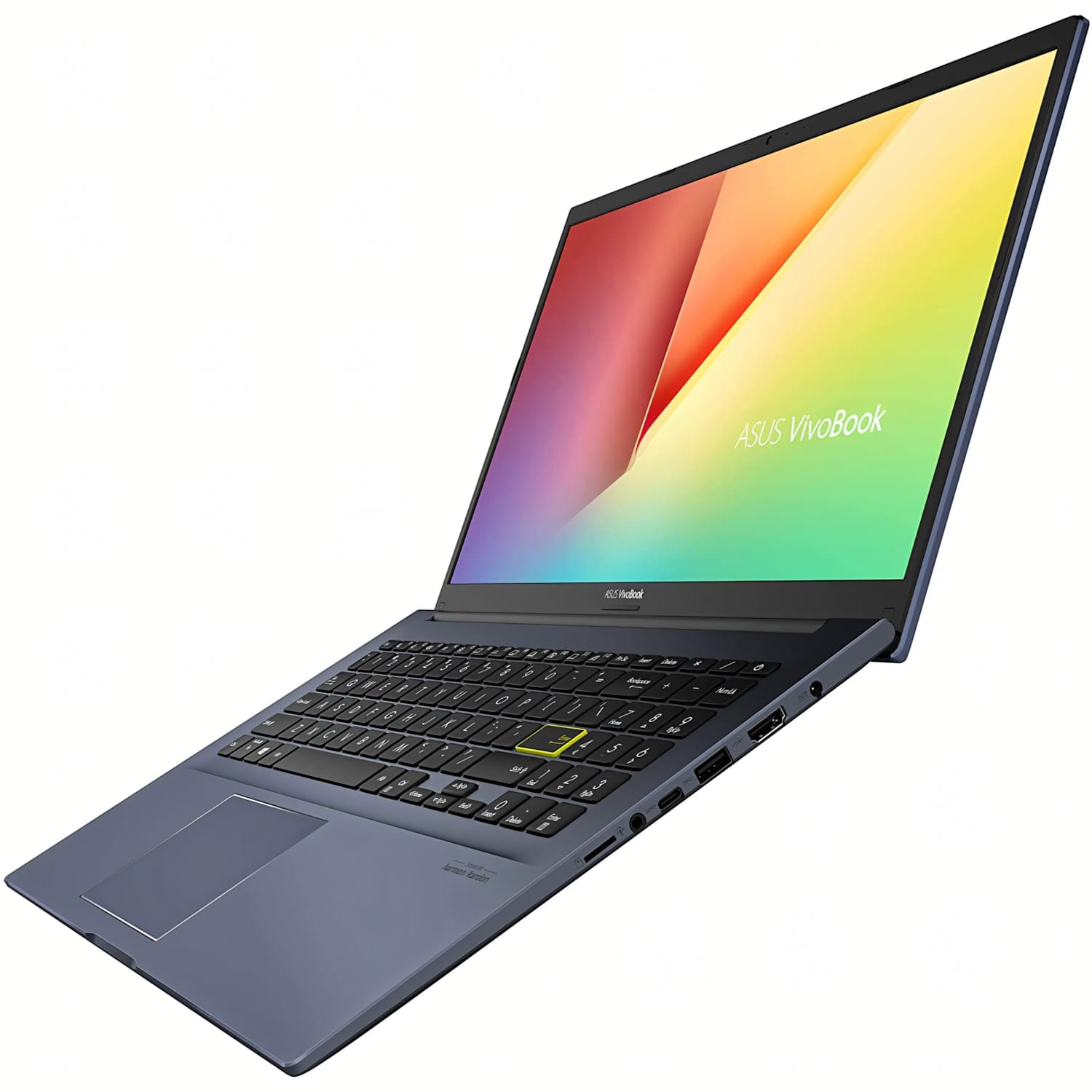 Un portátil ASUS VivoBook azul oscuro con pantalla colorida.
