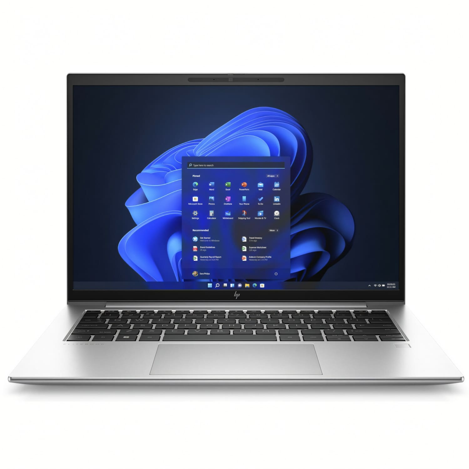 Un portátil plateado mostrando el menú de inicio de Windows 11 con fondo azul.