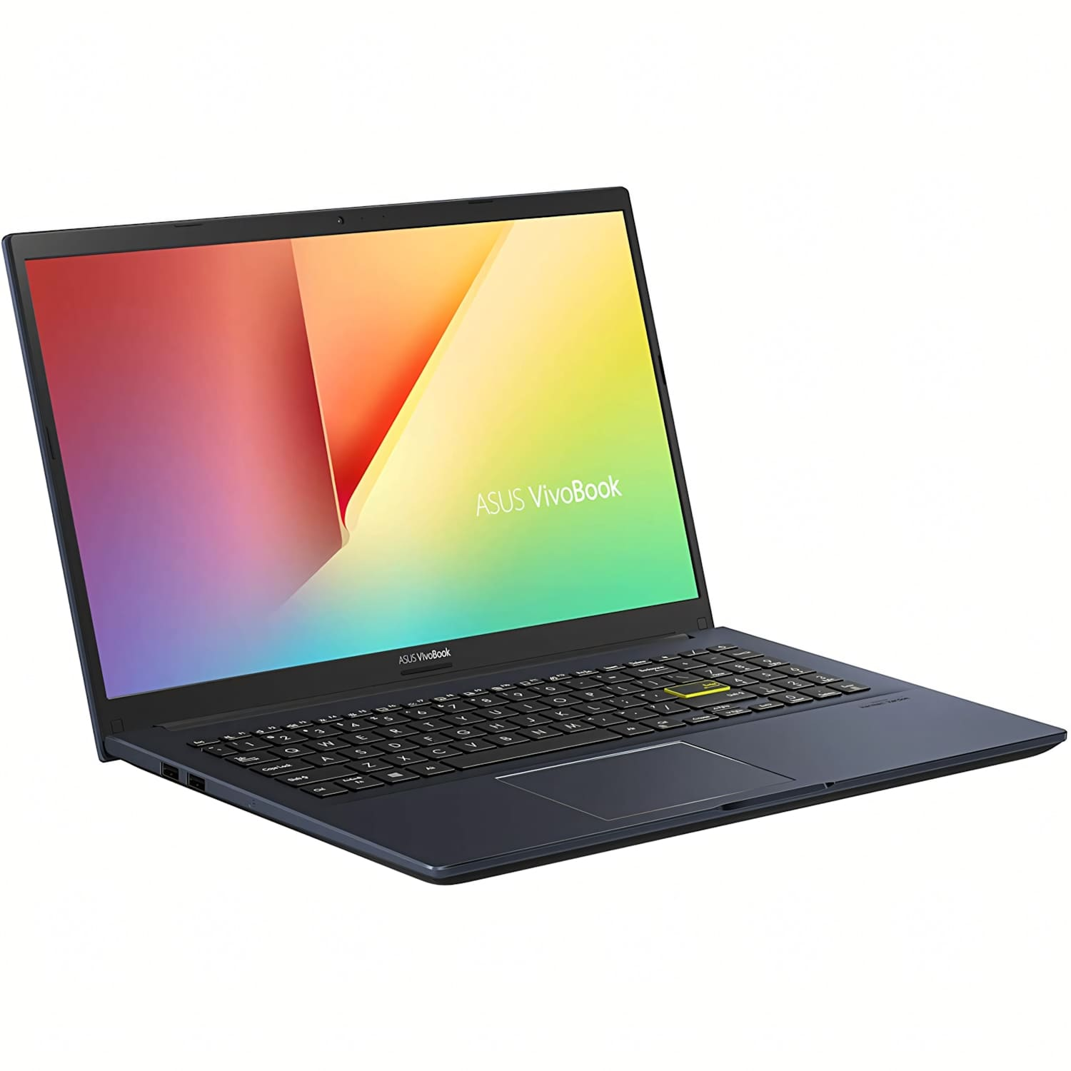 Un portátil Asus VivoBook oscuro con teclado iluminado y fondo de pantalla colorido.
