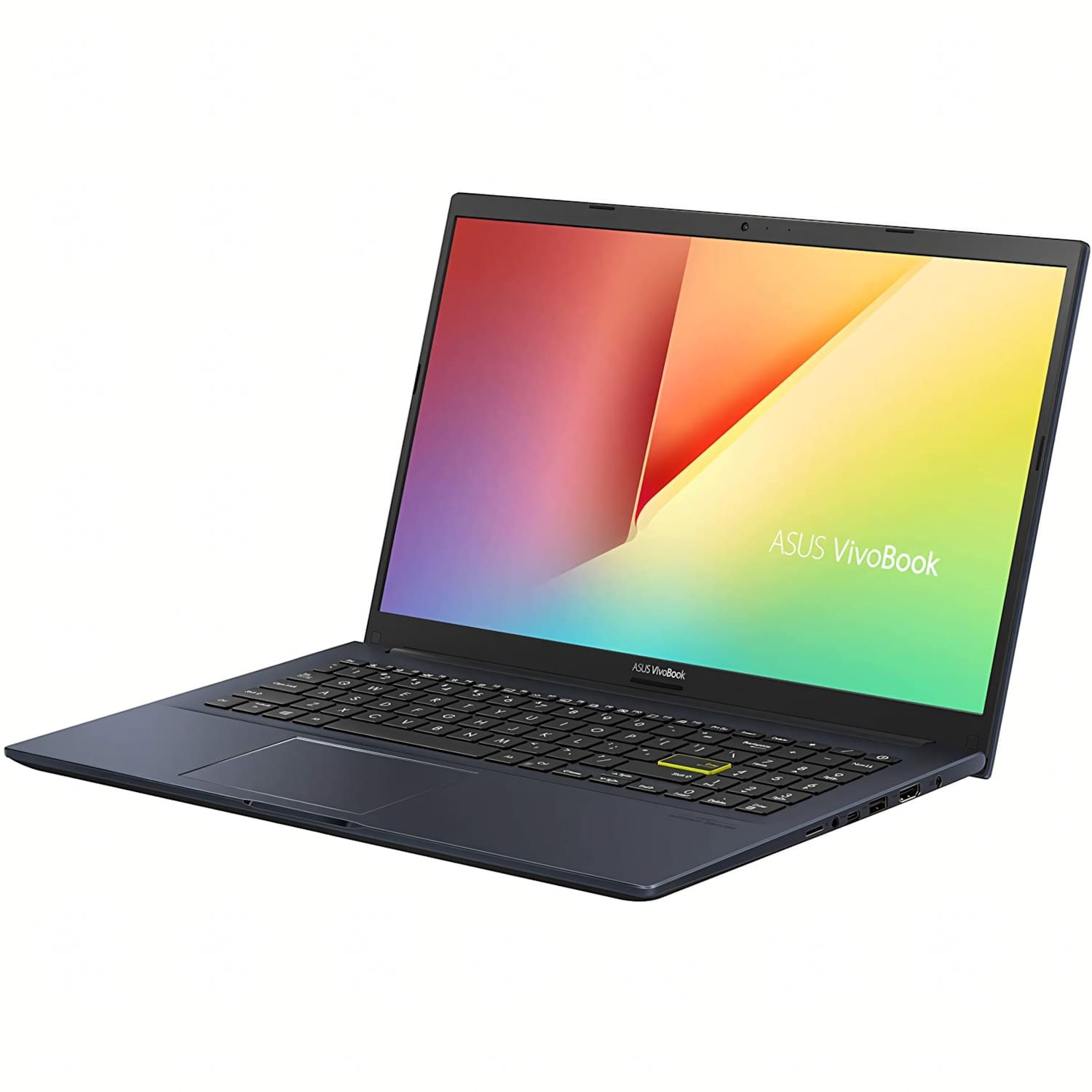 Un portátil ASUS VivoBook azul oscuro con teclado retroiluminado y pantalla colorida.