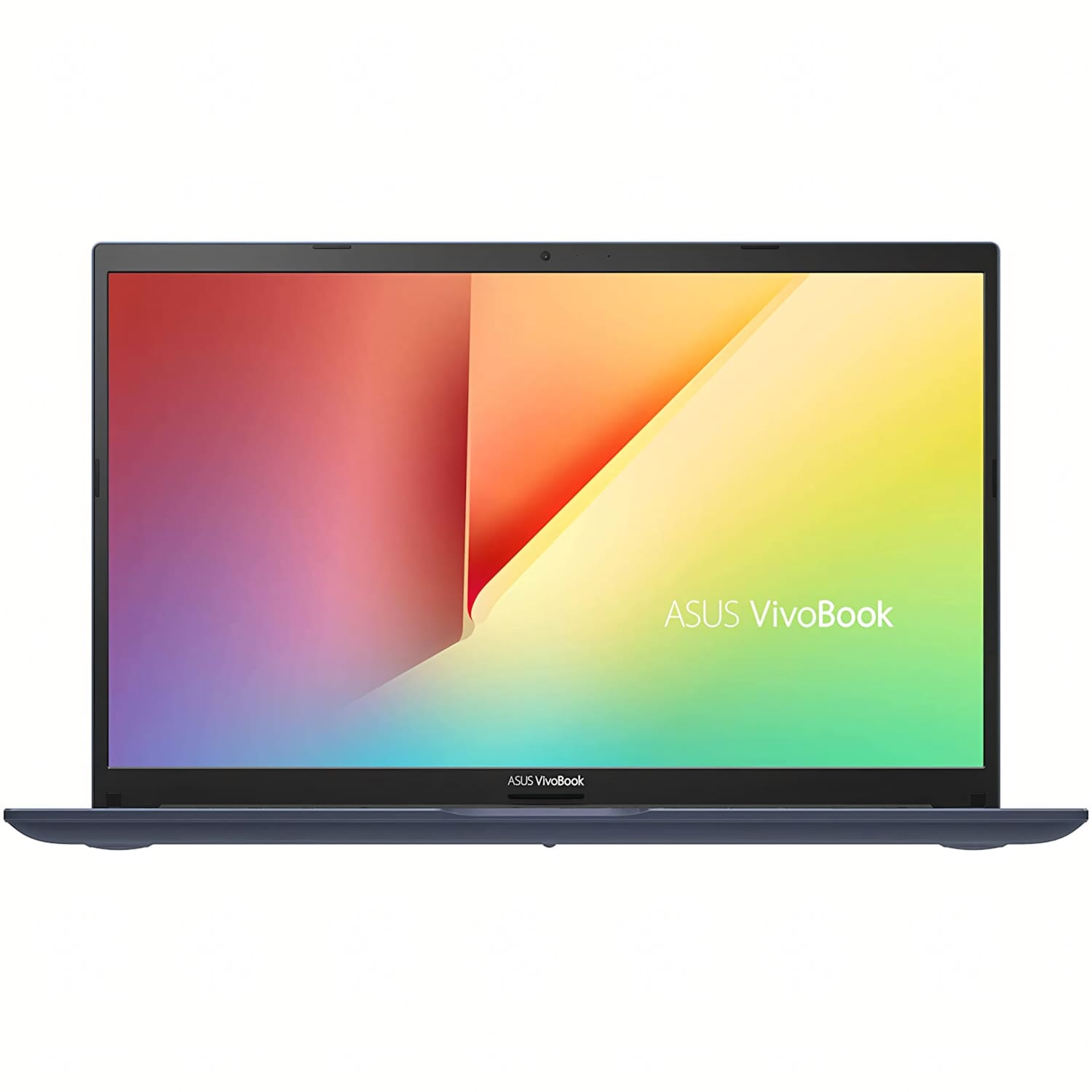 Un portátil ASUS VivoBook azul cerrado con un fondo de pantalla colorido.