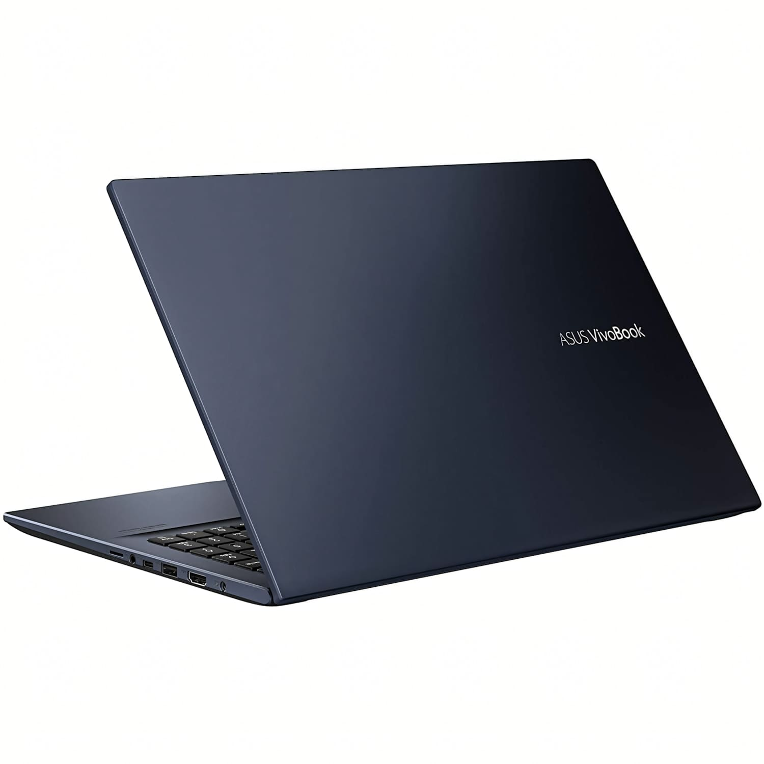 Un portátil ASUS VivoBook oscuro, abierto y visto de lado mostrando el teclado.
