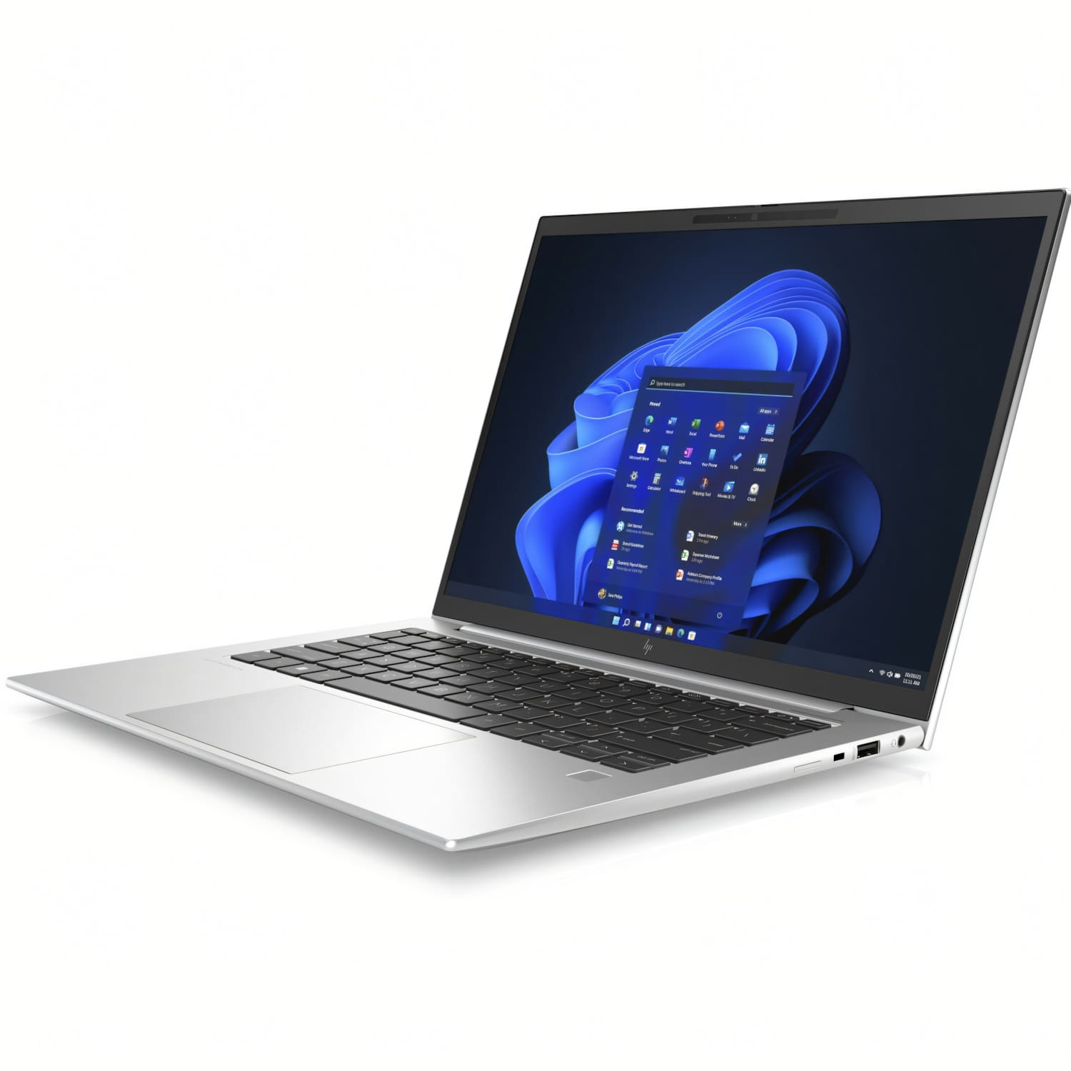 Portátil plateado con teclado negro y pantalla mostrando la interfaz de Windows 11.