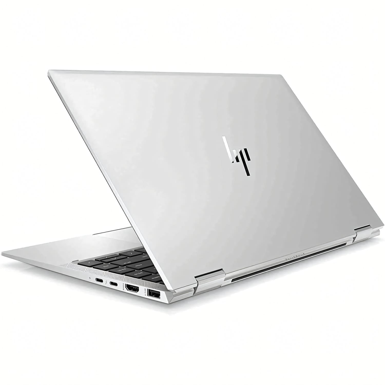 Un portátil HP Elitebook plateado está abierto, mostrando el teclado.