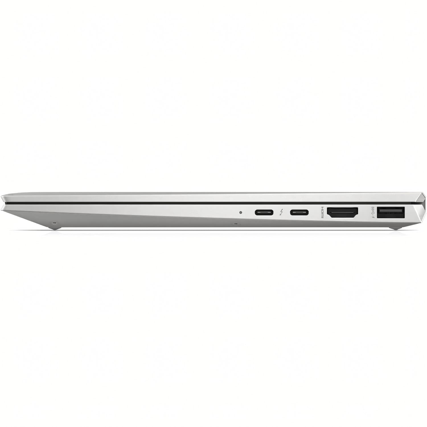 Vista lateral de un portátil plateado mostrando puertos: USB-C, HDMI, USB-A.