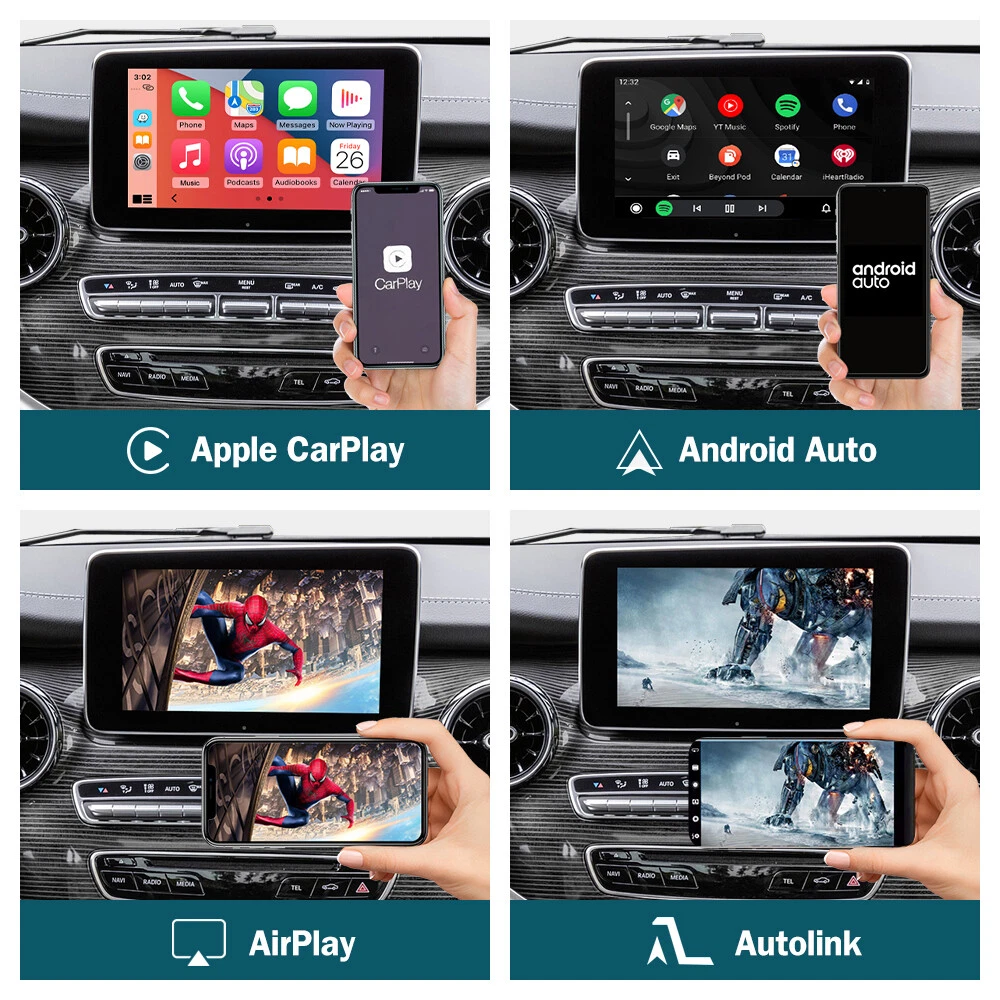 Cuatro imágenes muestran integración de smartphones en coches: Apple CarPlay, Android Auto, AirPlay y Autolink.