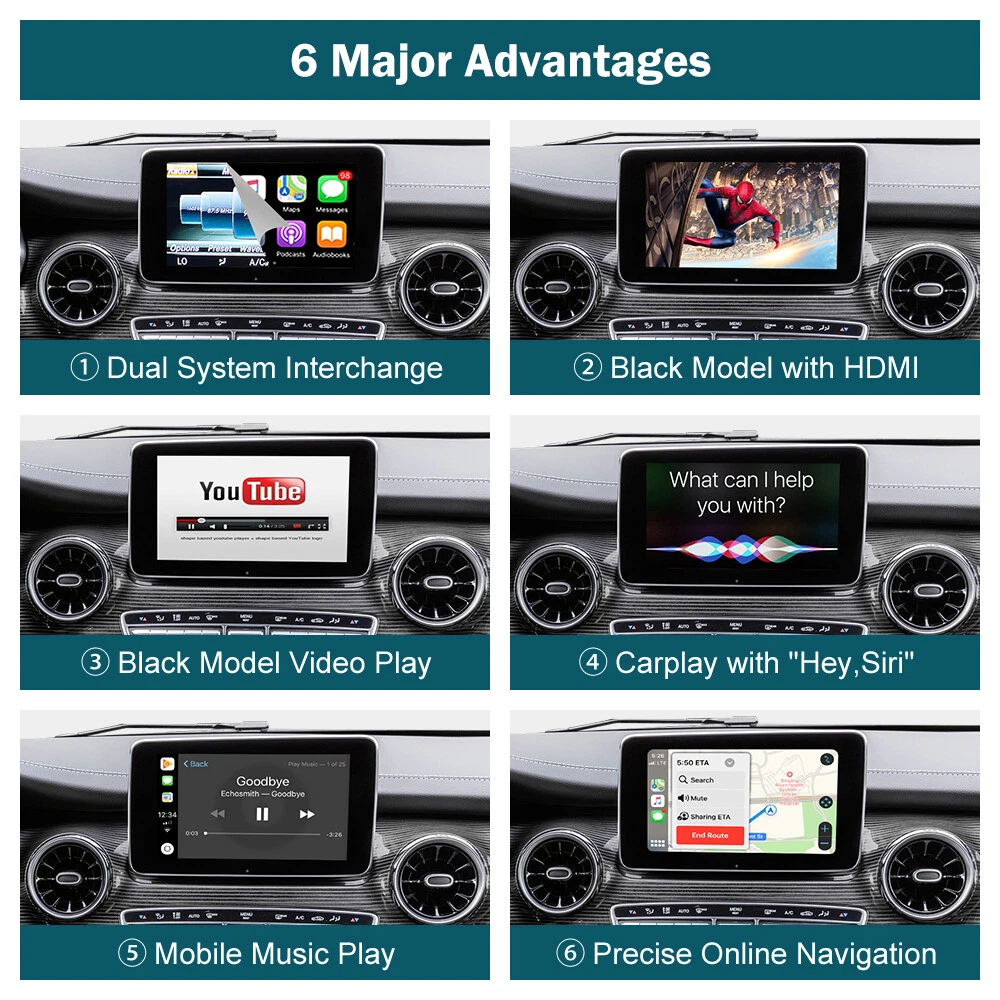 Seis pantallas de coche mostrando funciones: dual, HDMI, YouTube, Siri, música, navegación.