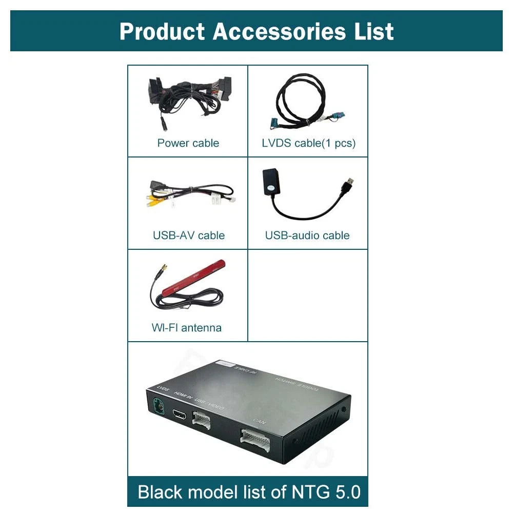 Lista de accesorios del producto con cables, antena y caja negra.
