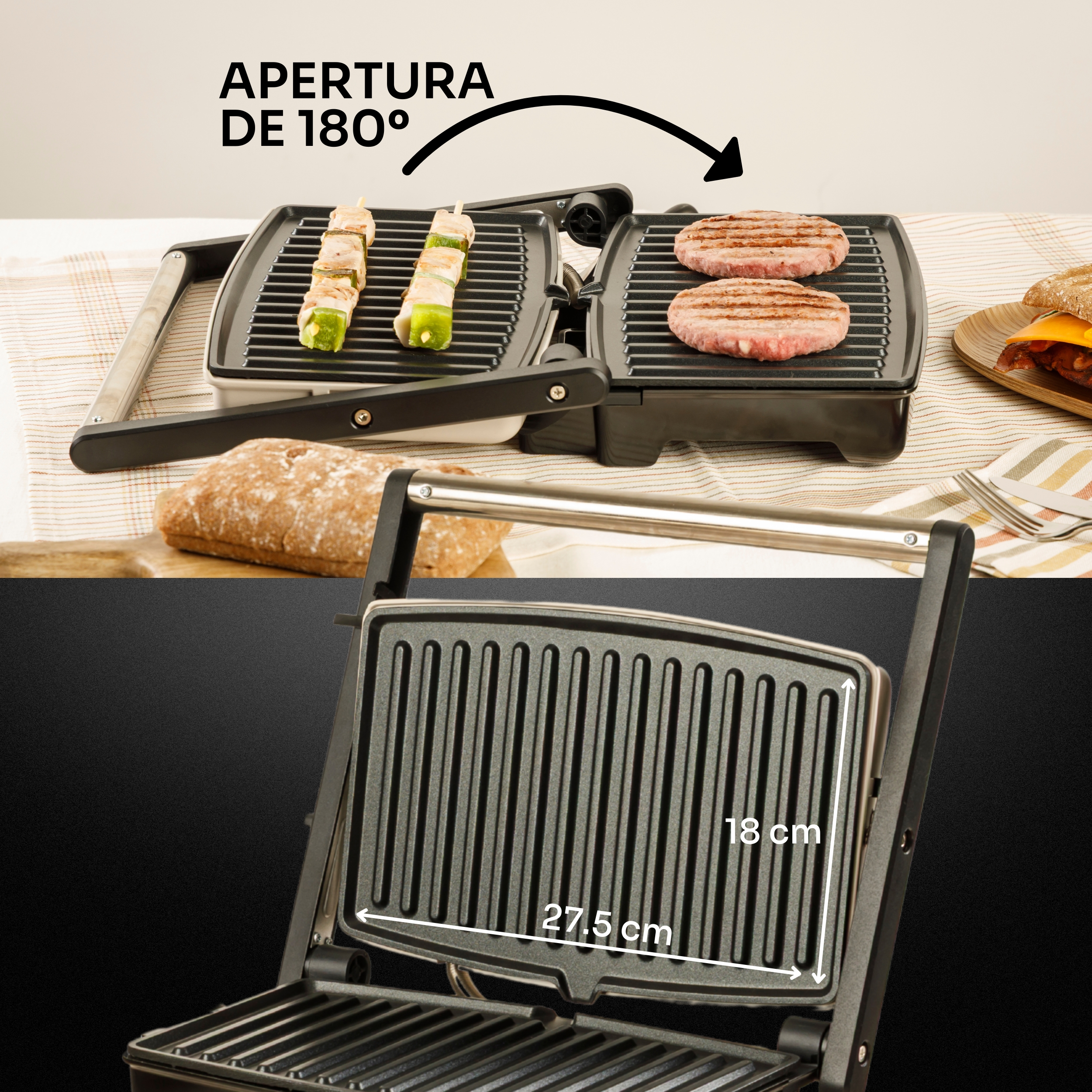 Una griglia con carne e spiedini. Dimensioni: 27,5 cm x 18 cm.