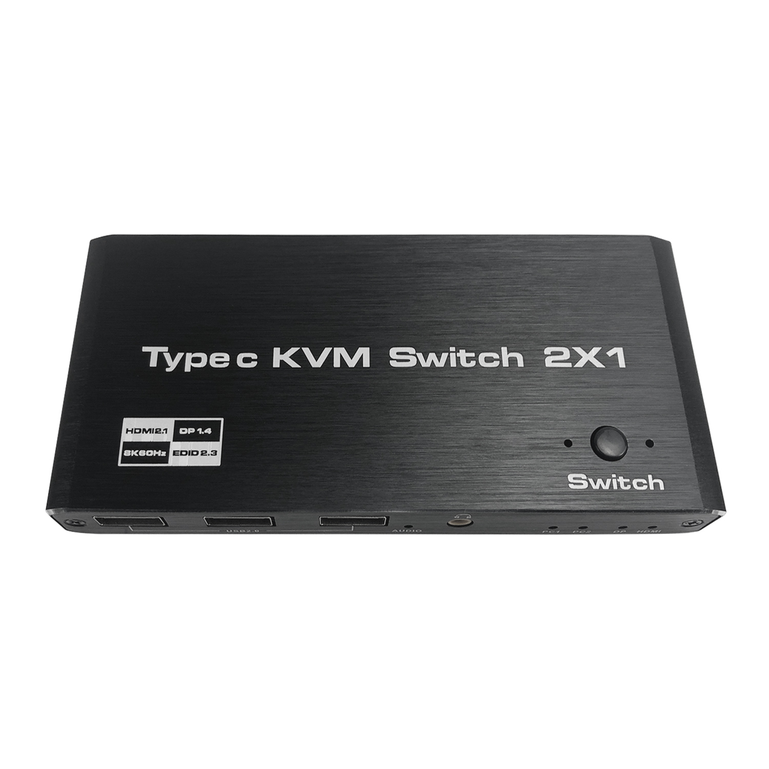 Schwarzer KVM-Switch mit Beschriftungen und Anschlüssen.
