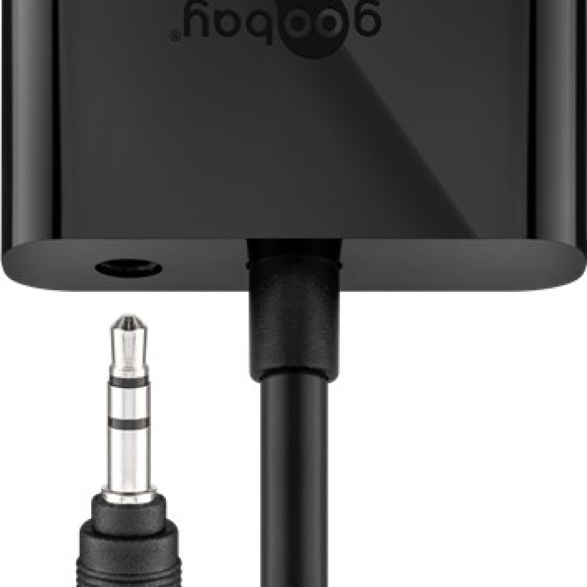 Ein schwarzer Adapter mit einem 3,5-mm-Stecker und einem 3,5-mm-Anschluss.