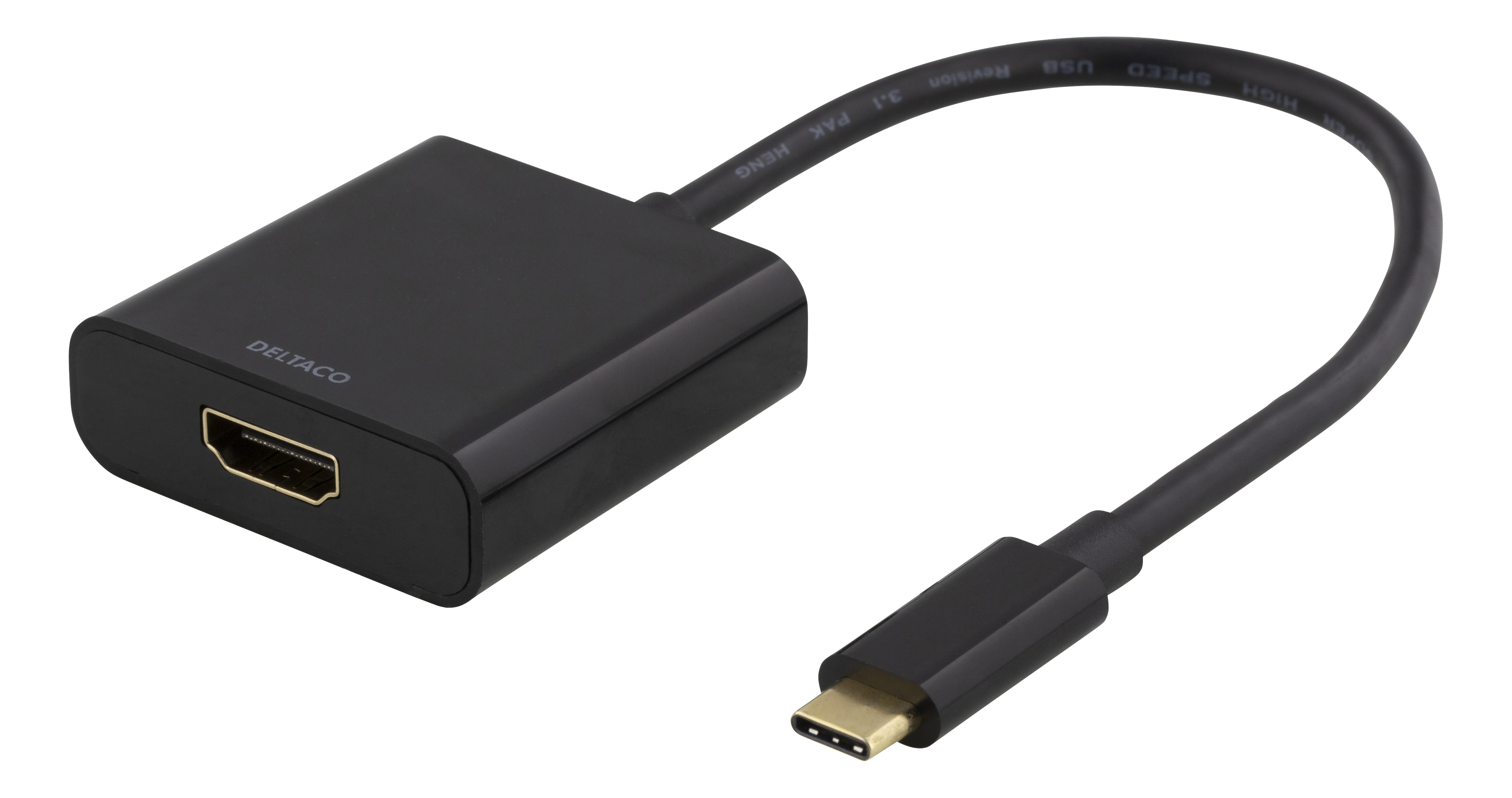 Zwarte DELTACO USB-C naar HDMI adapter met kabel en gouden connector.