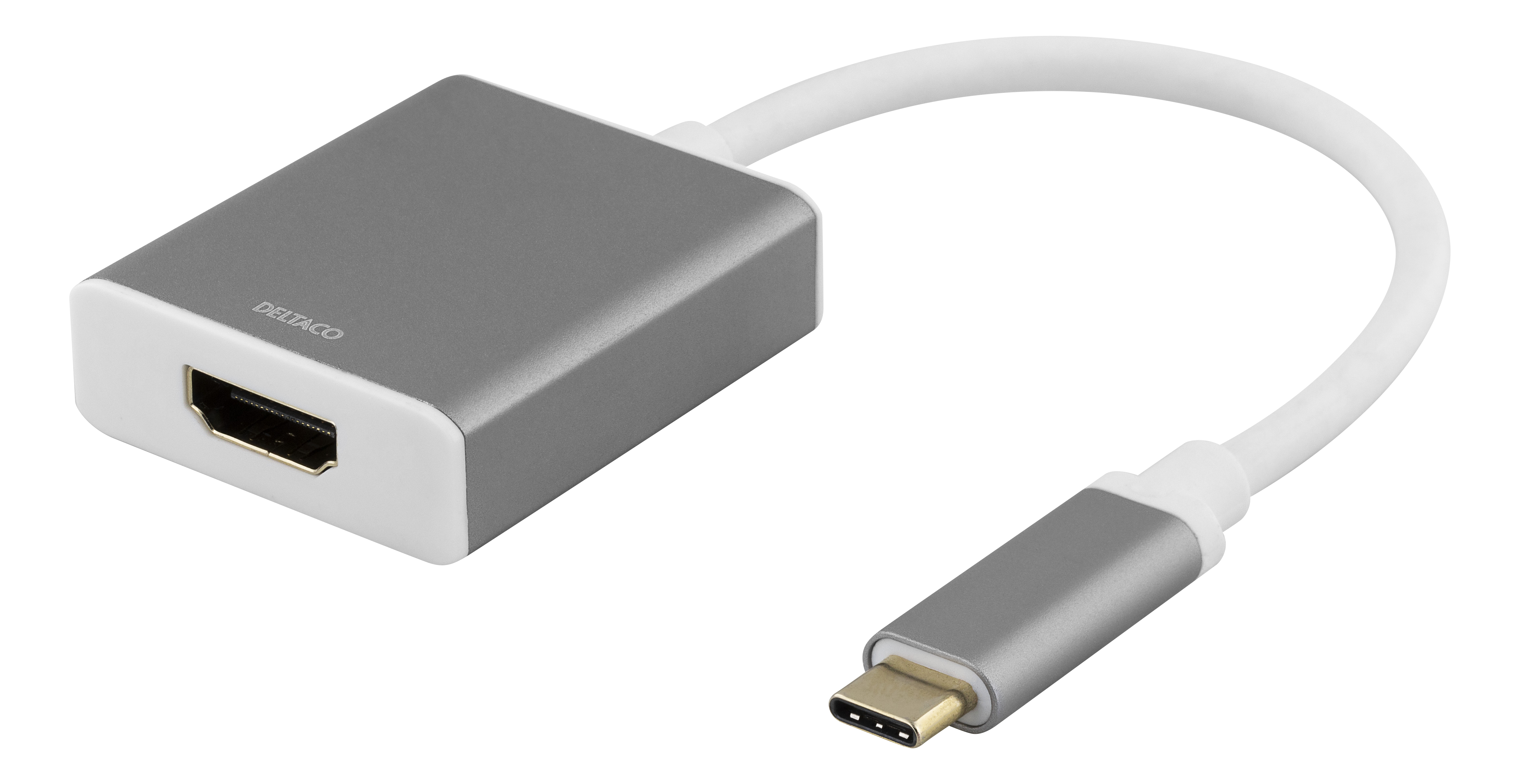 Adaptador Deltaco gris con puerto HDMI y USB-C en cable blanco.