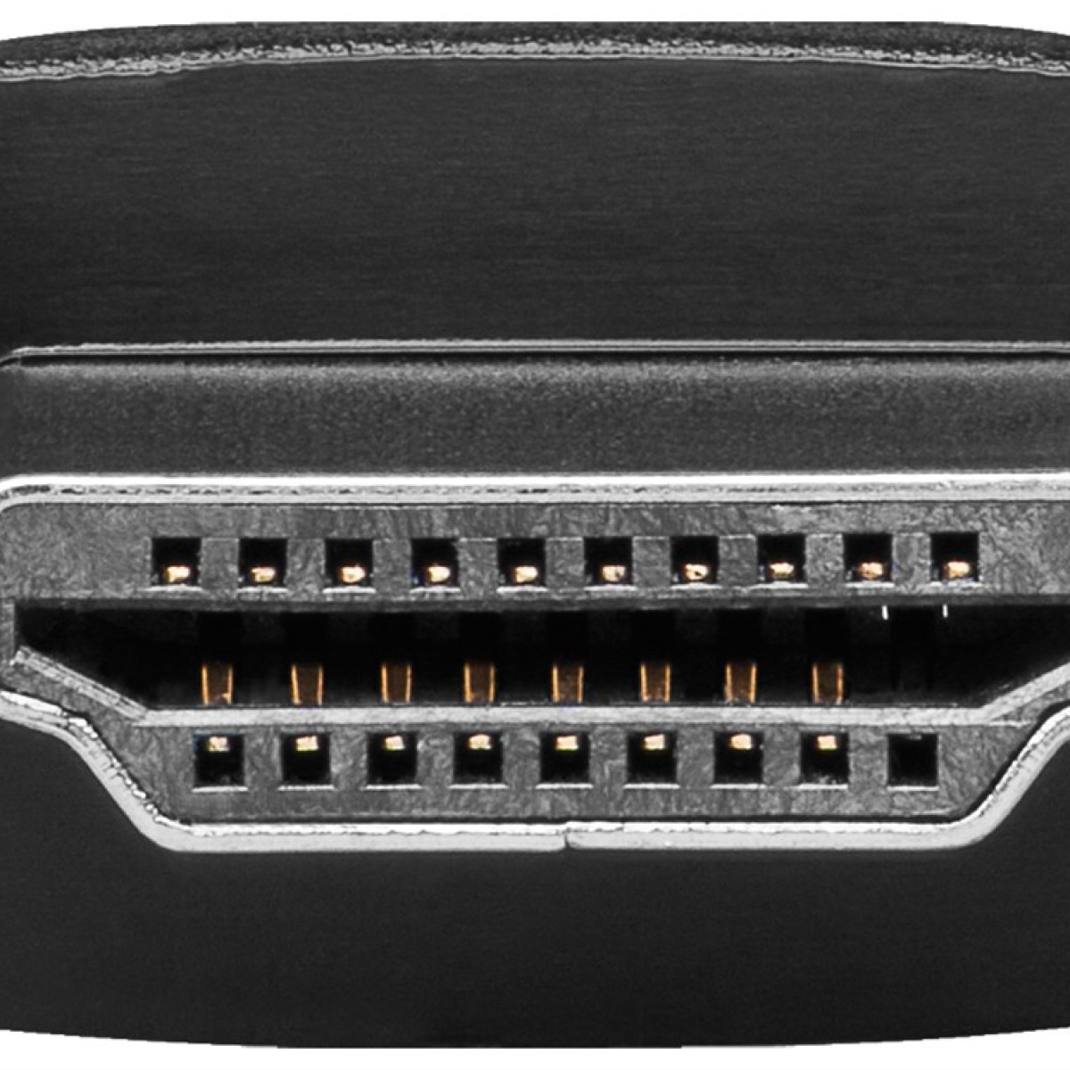 Nahaufnahme eines schwarzen HDMI-Steckers mit goldenen Kontakten und Metallrand.