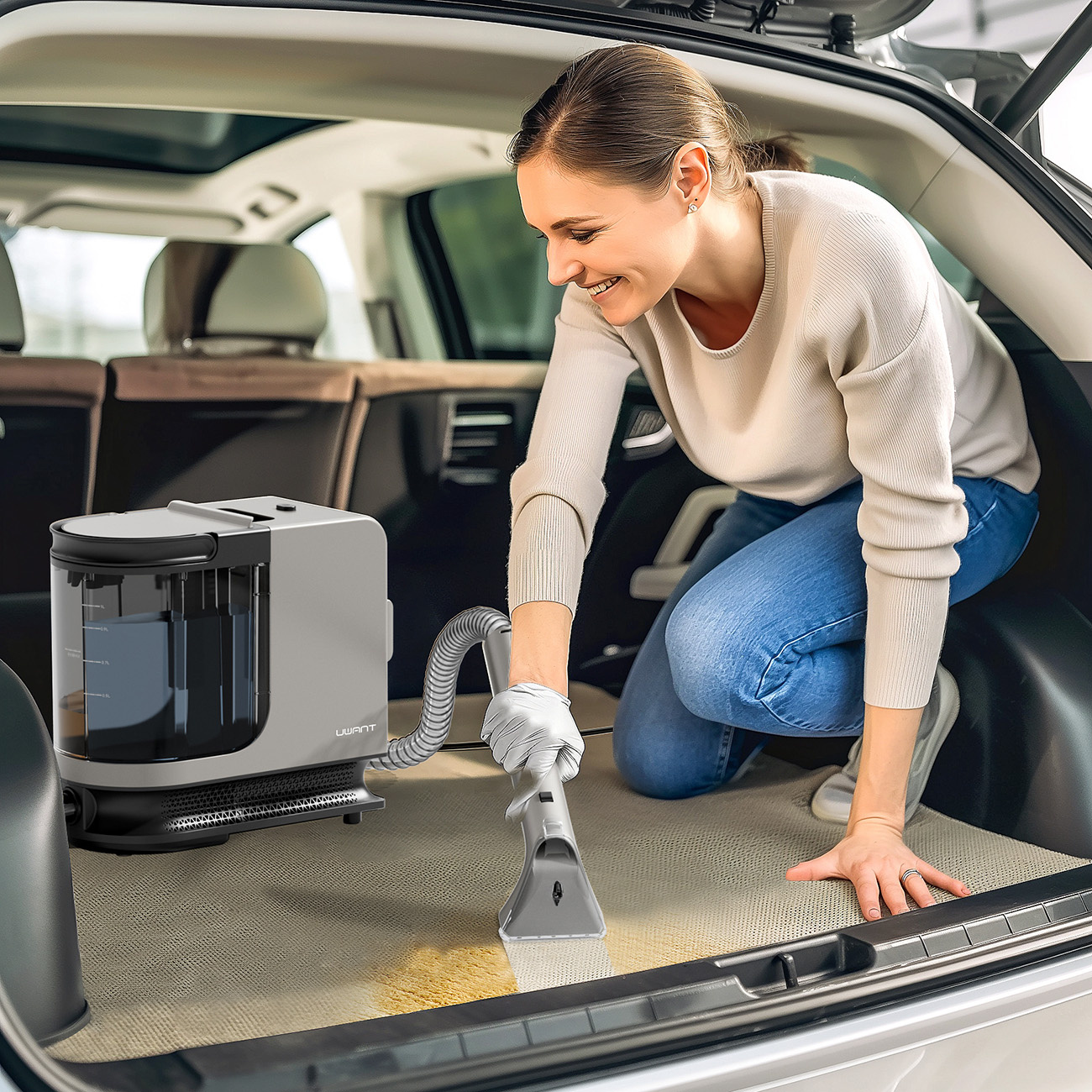 Kobieta czyści dywanik samochodowy odplamiaczem. Szaro-czarna maszyna.