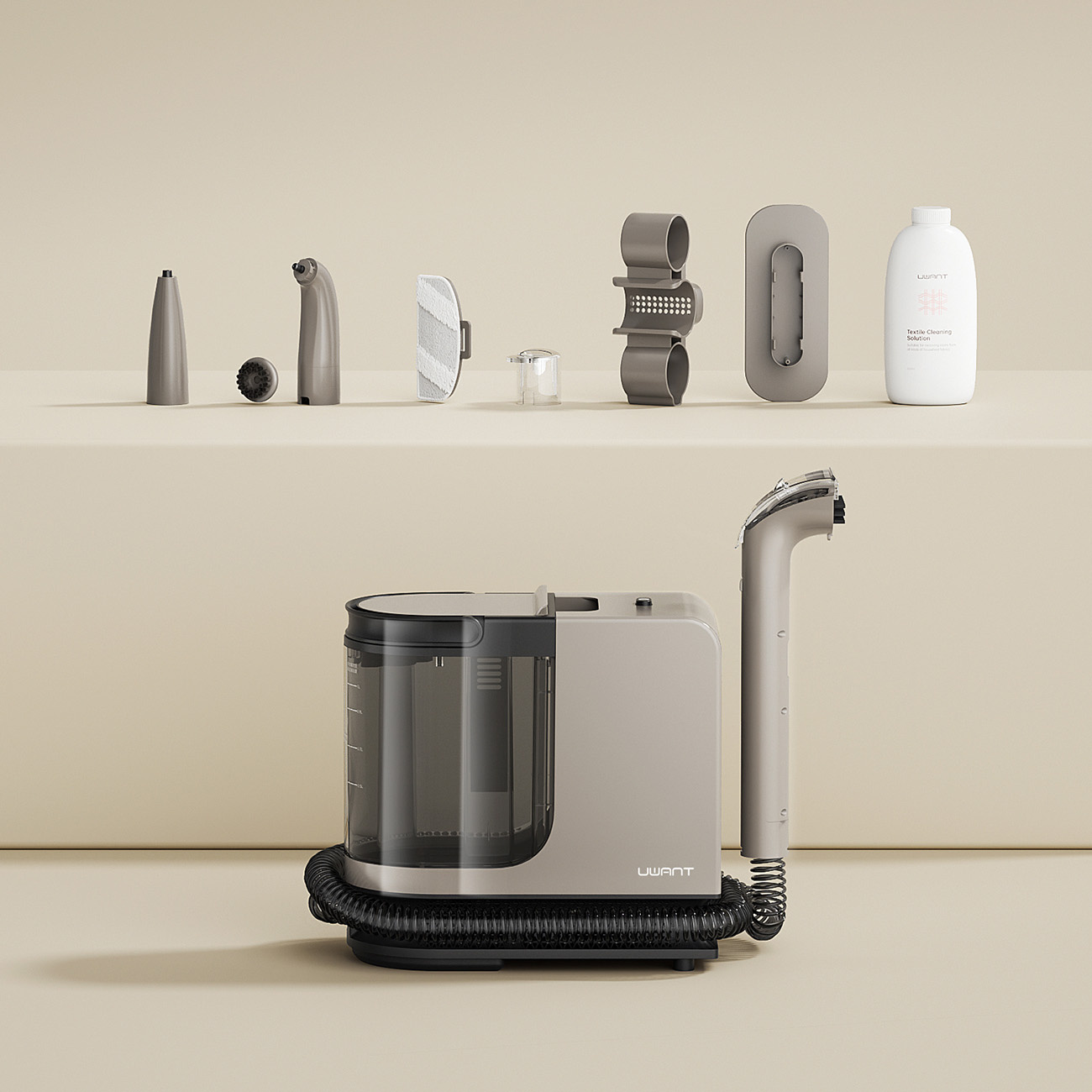 Parownica z akcesoriami i płynem czyszczącym na półce.