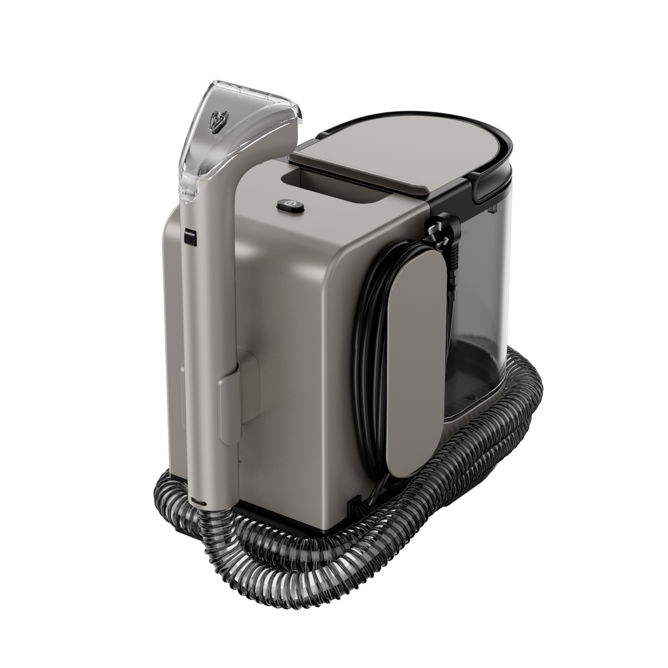 Szara pralka do dywanów z wężem i dyszą, na białym tle.