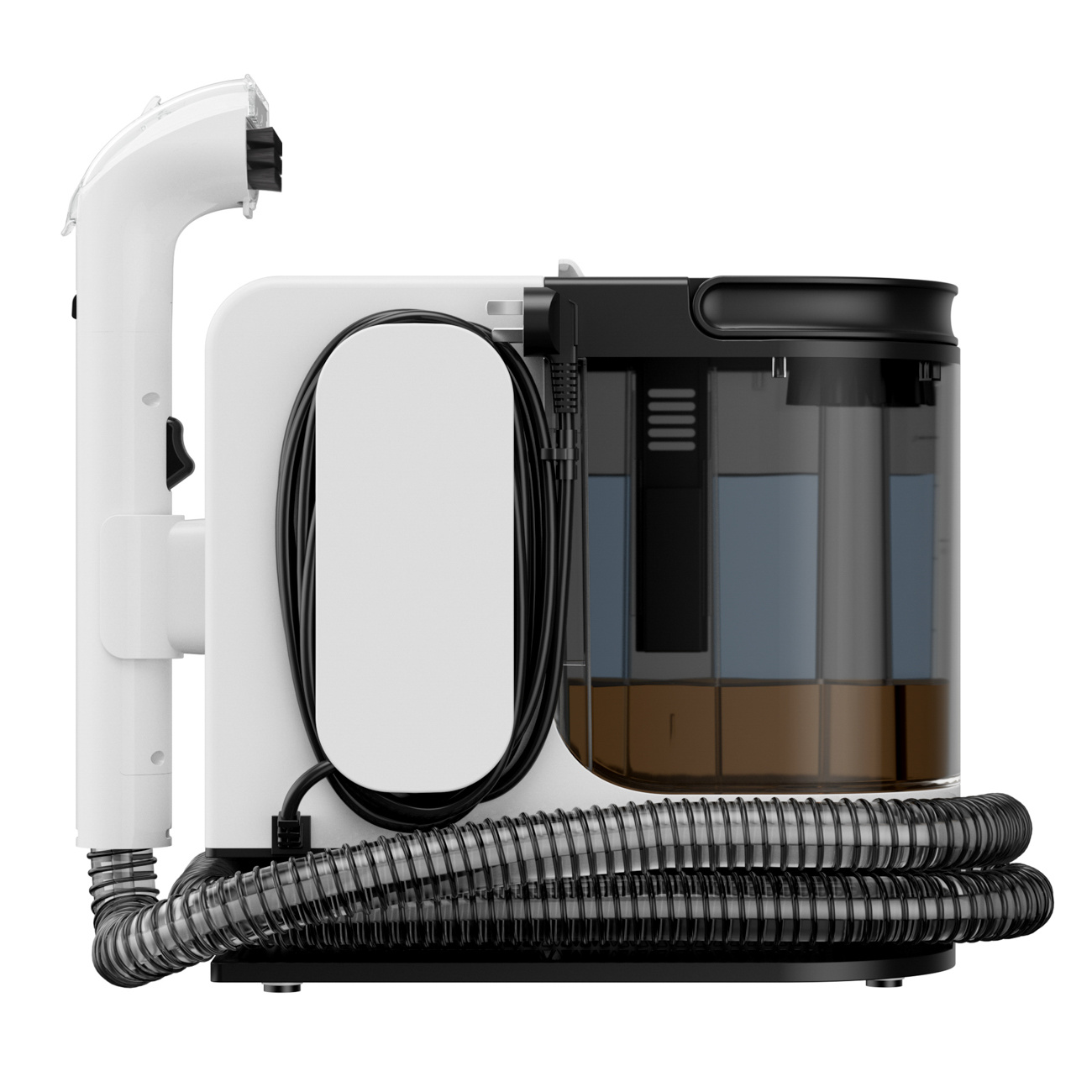 Białe urządzenie czyszczące z przezroczystym płynem w zbiorniku i wężem.