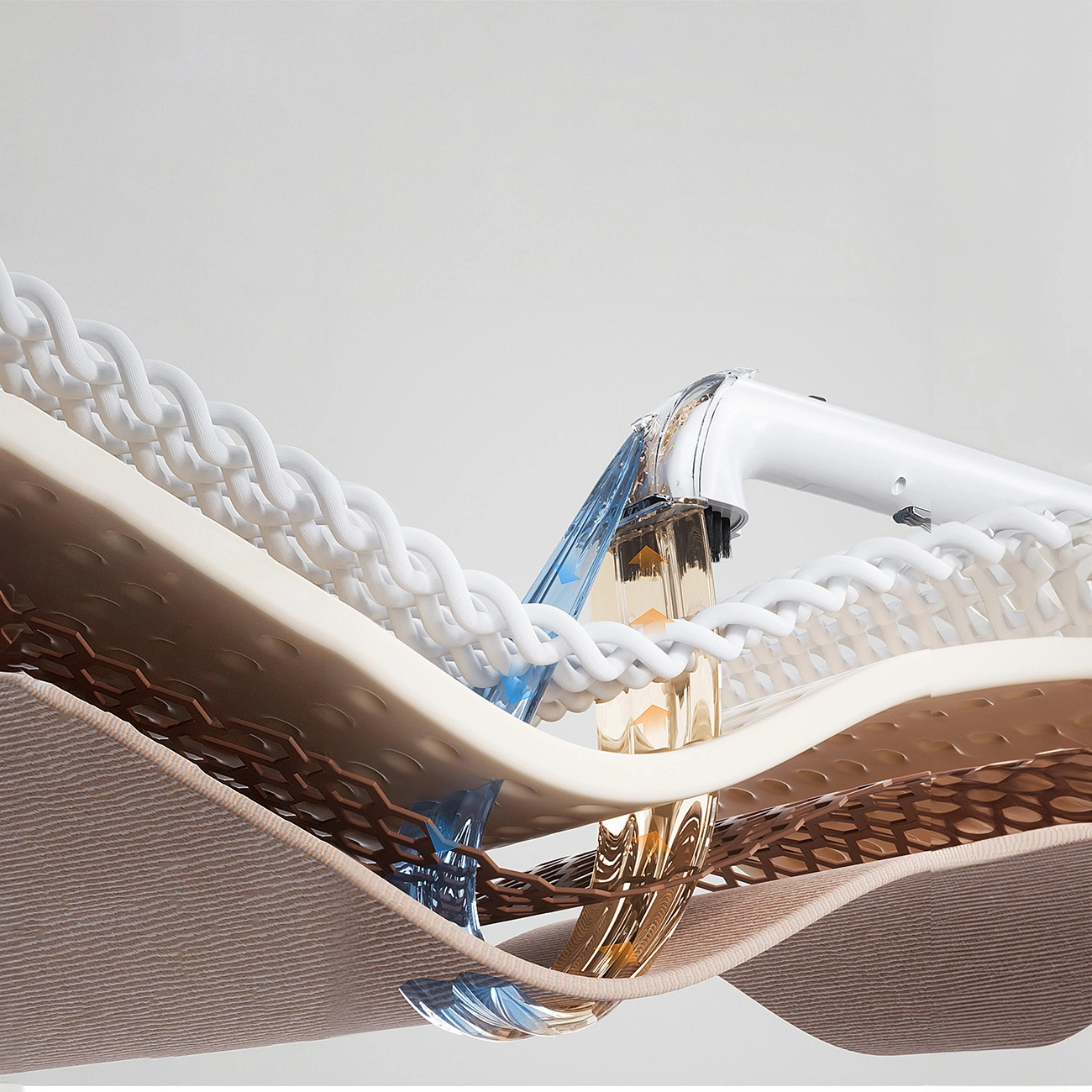 Białe urządzenie z przezroczystymi częściami rozpyla płyn na warstwowe materiały.