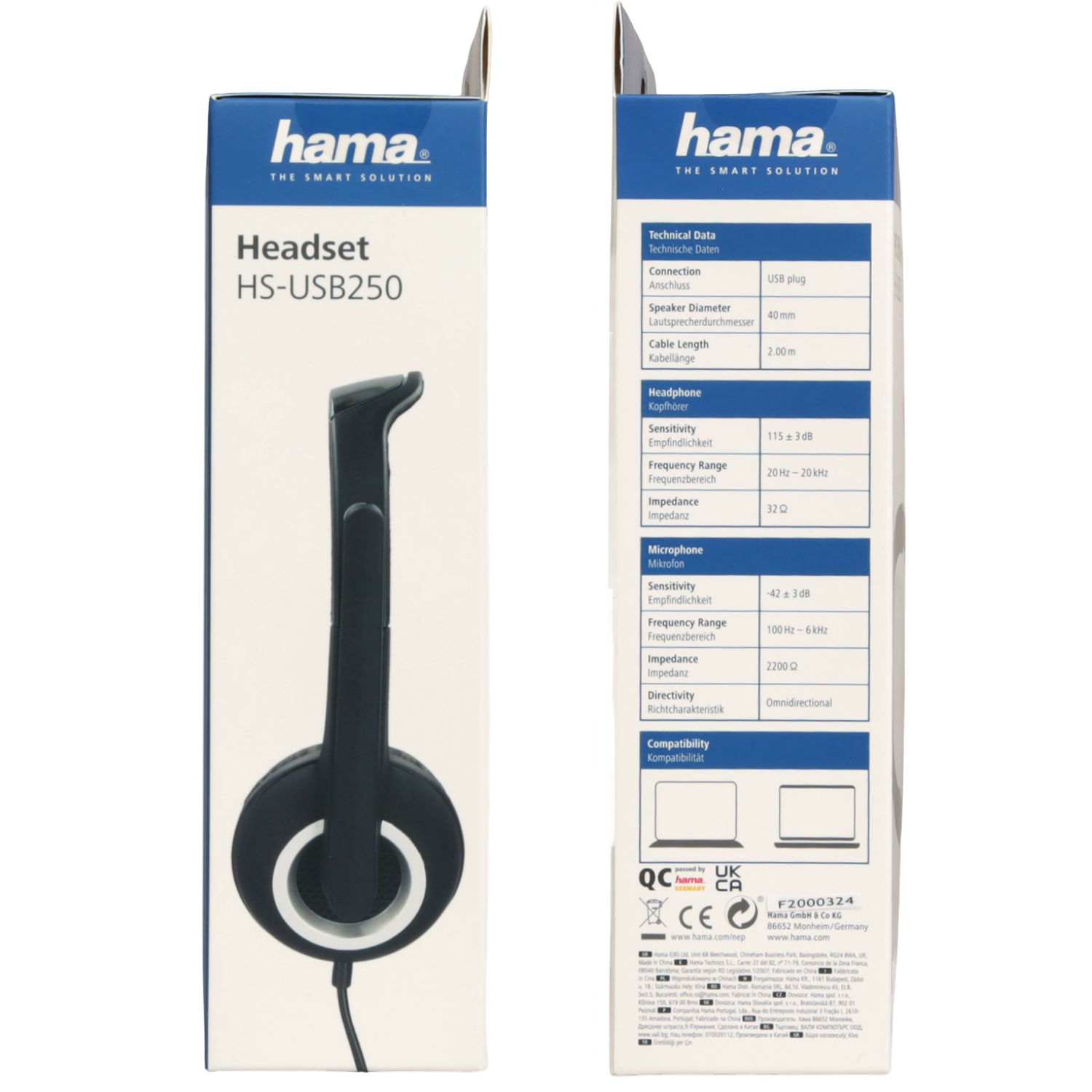 Verpackung eines schwarzen Hama HS-USB250 Headsets mit technischen Daten.