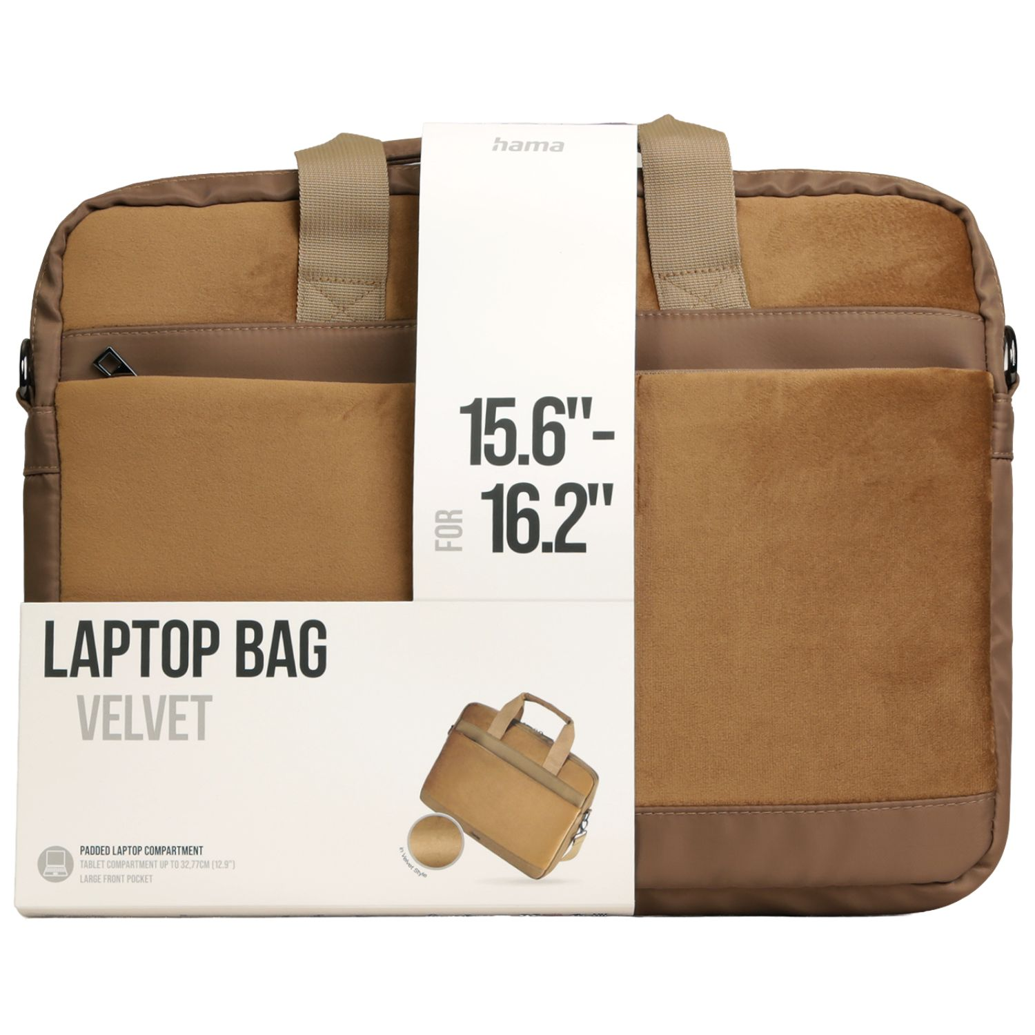 Braune Laptoptasche aus Samt mit Griffen und einem Etikett, das 15,6-16,2 Zoll angibt.