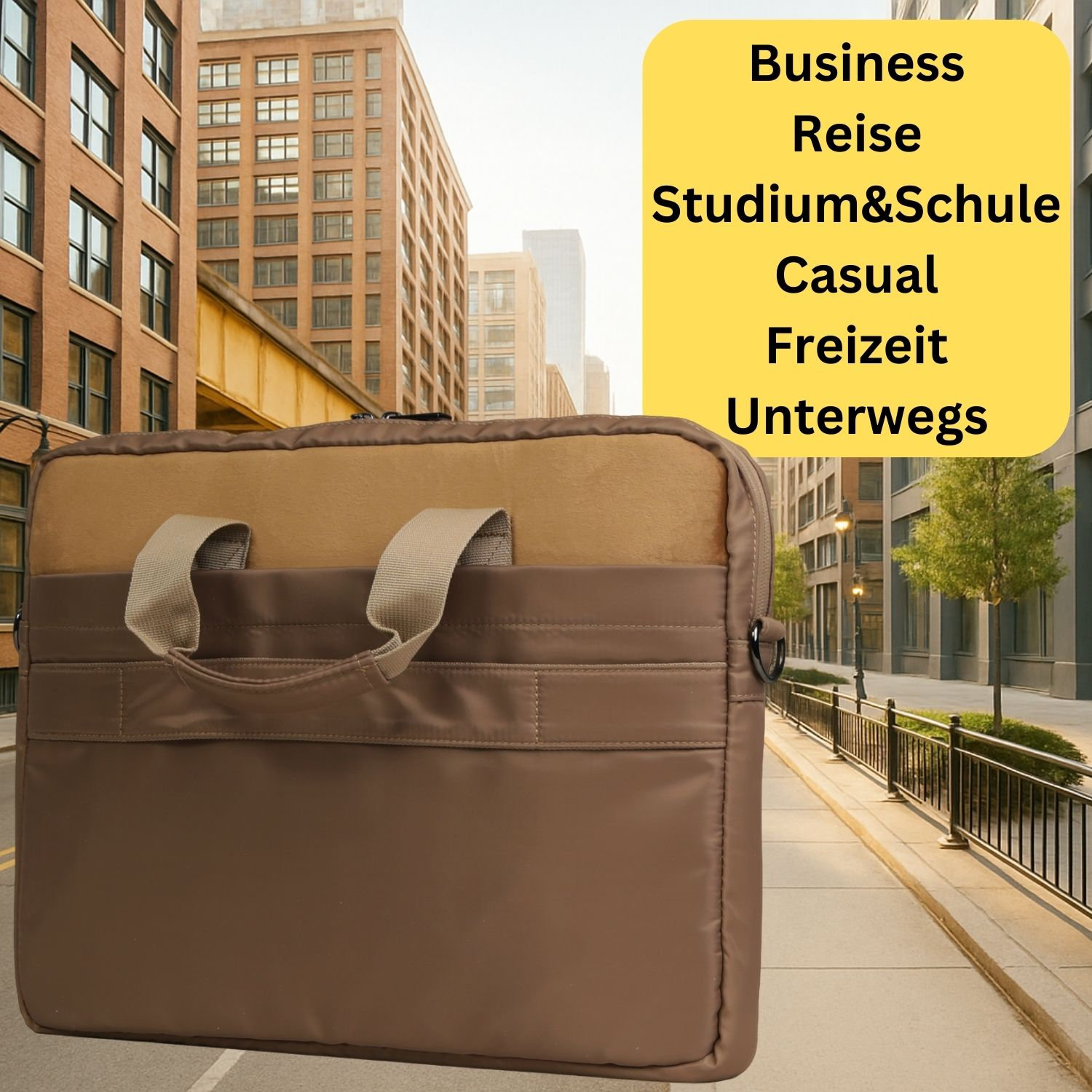 Braune Tasche vor Stadtkulisse mit Text 'Business Reise Studium&Schule Casual Freizeit Unterwegs'