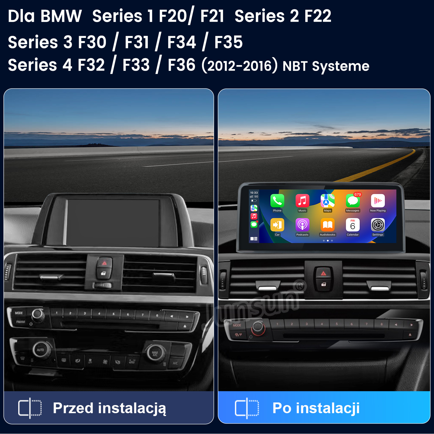 Porównanie deski rozdzielczej BMW: Przed i po instalacji nowego systemu infotainment.