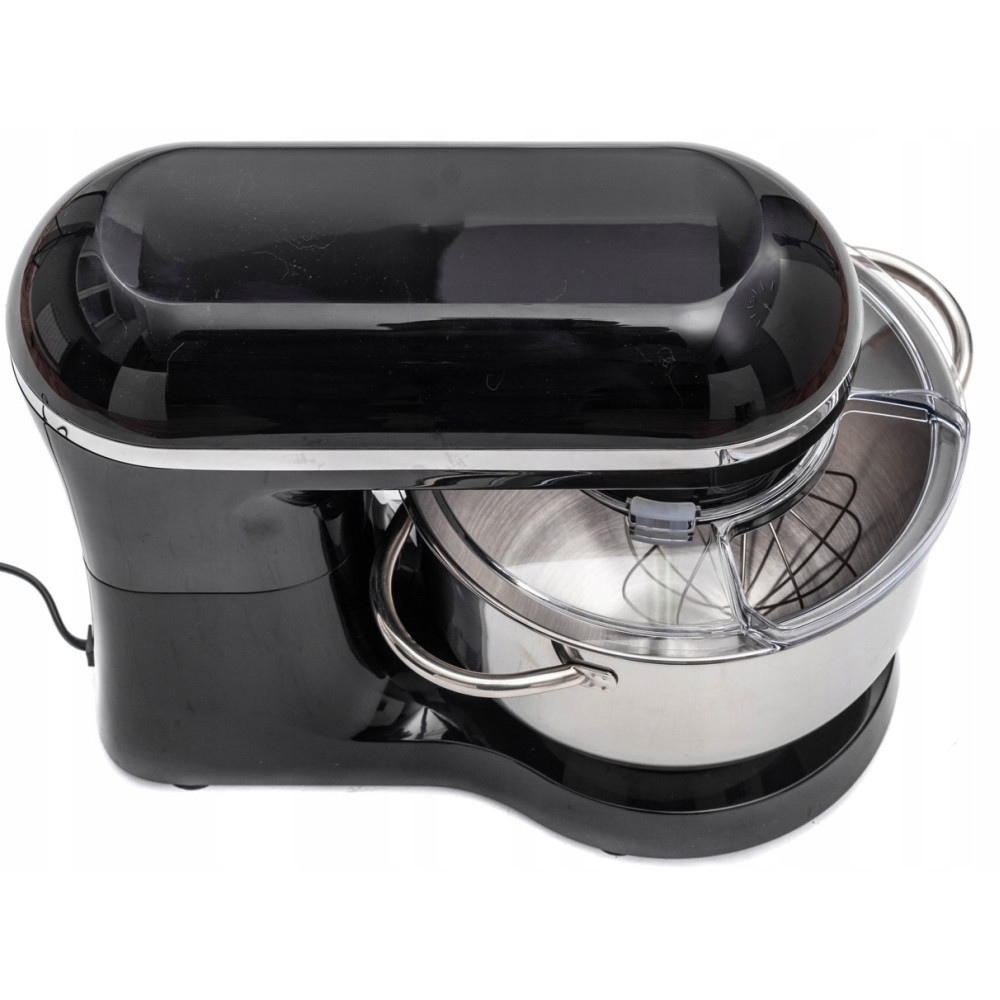 Czarny mikser stojący z misą ze stali nierdzewnej i trzepaczką.