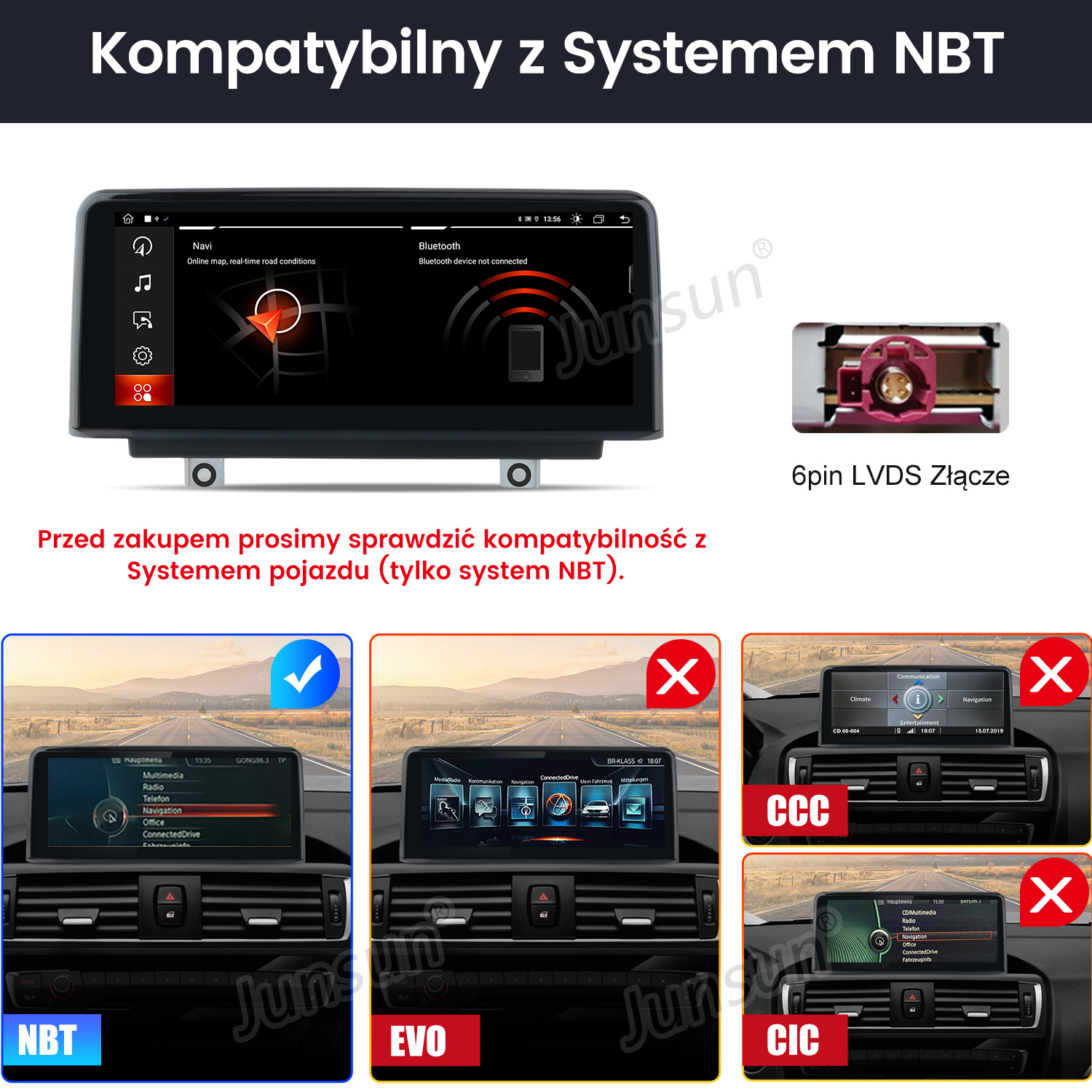 Wyświetlacz samochodowy pokazuje menu nawigacji i Bluetooth. Poniżej przykłady systemów NBT, EVO i CIC.