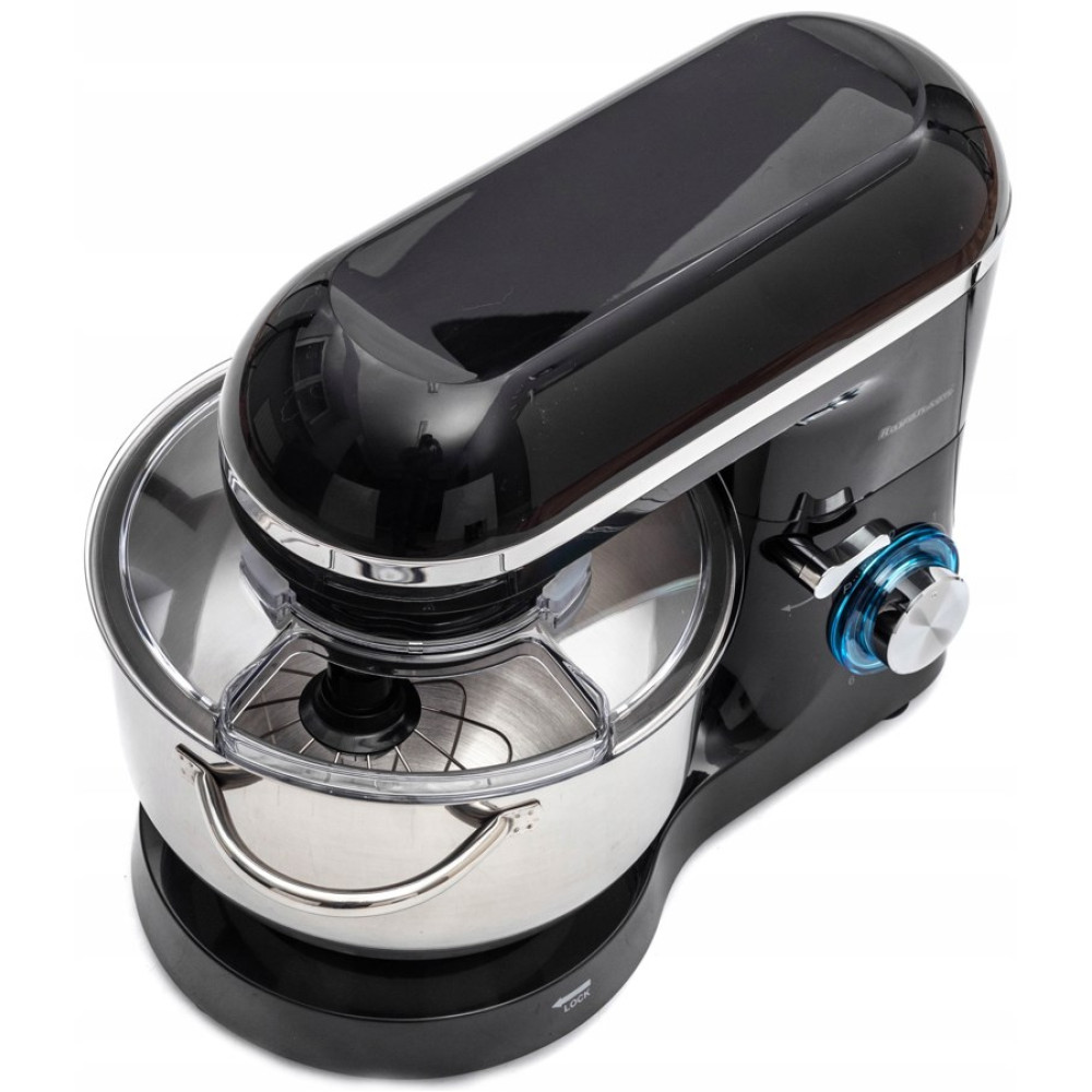 Błyszczący czarny mikser planetarny ze stalową misą i przezroczystą osłoną.